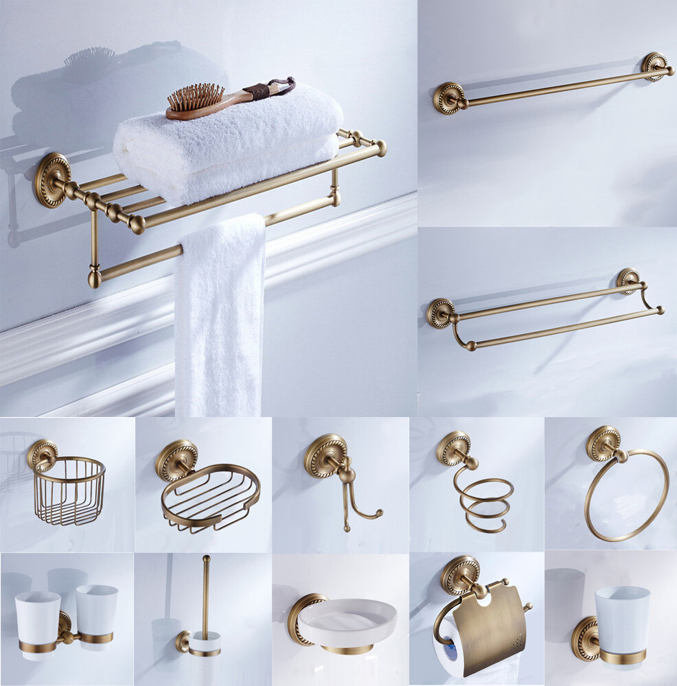 Antique Brass Wall Mounted Bathroom Accessory Set Toilet Roll Rack Towel Bar