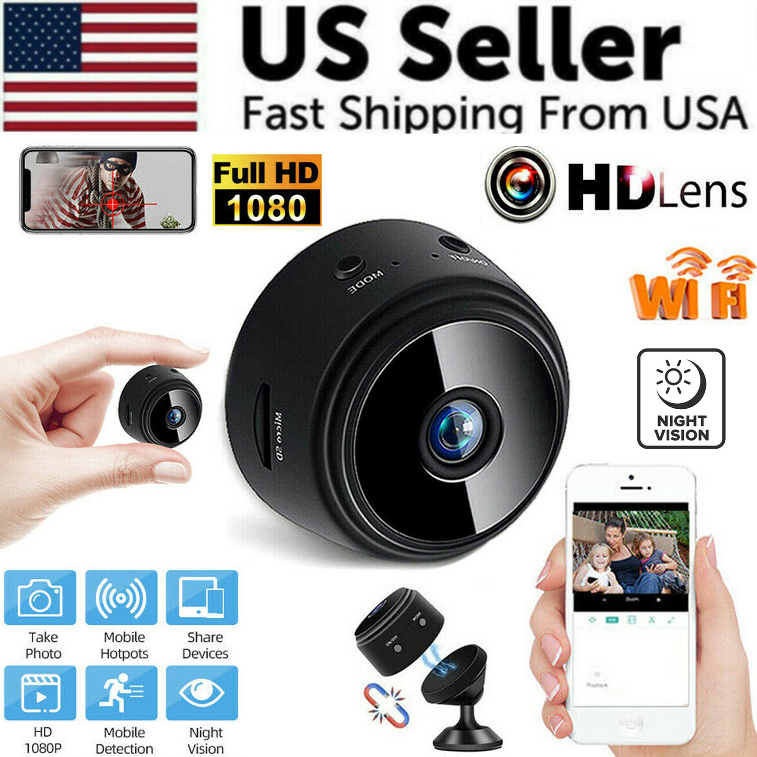 Mini Wireless Record Camera WiFi IP Home Security DVR Night Vision HD USB 1080P