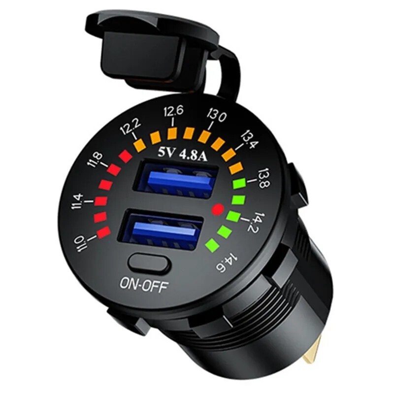 Car Phone Charger Socket Dual USB Ports Fast Charging With Voltmeter & Switch