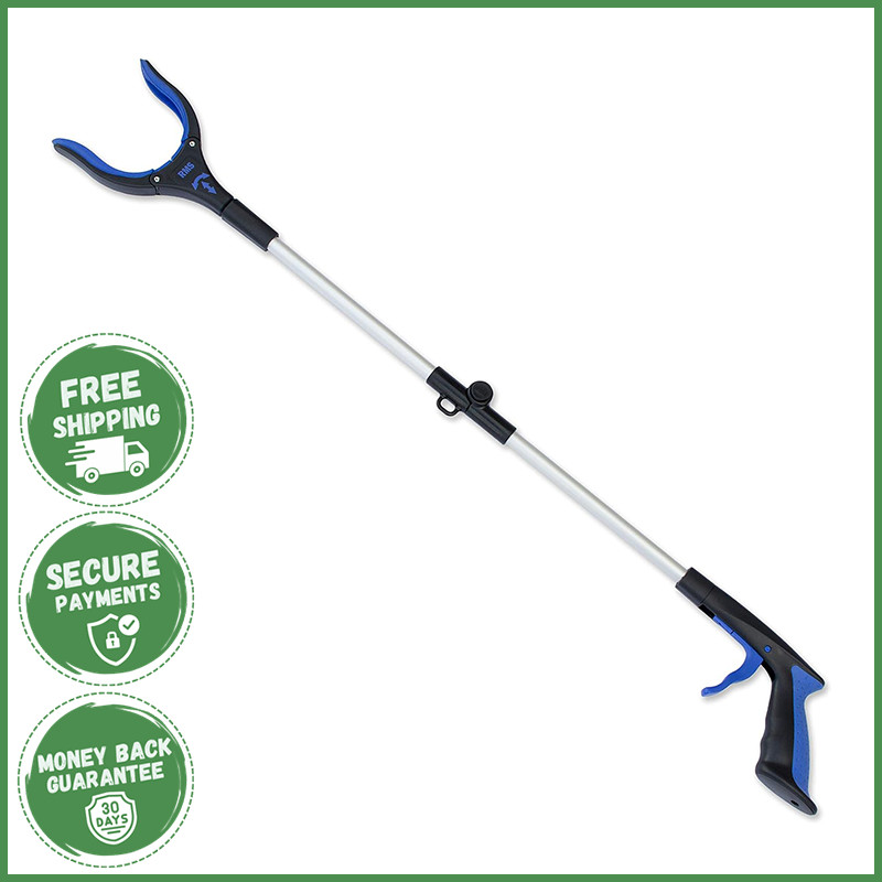 34 INCH LONG REACHER GRABBER Heavy Duty Pick Up Reaching Tool Rotating Head Blue