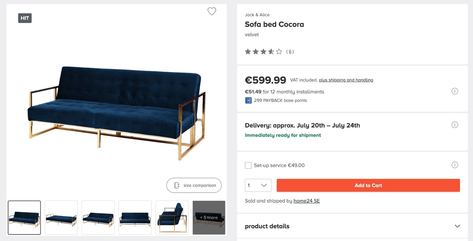 home24 Sofa bed Cocora velvet couch 90% new pick up in Frankfurt