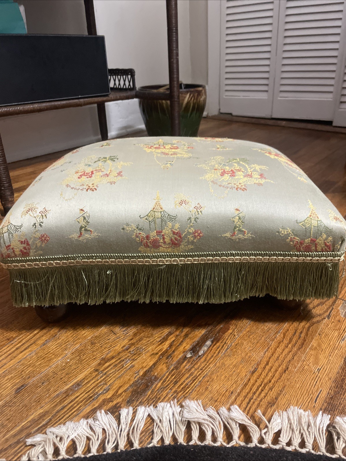 Vintage Embroidered Silk Footstool With Fringe And Wood Legs Custom Piece