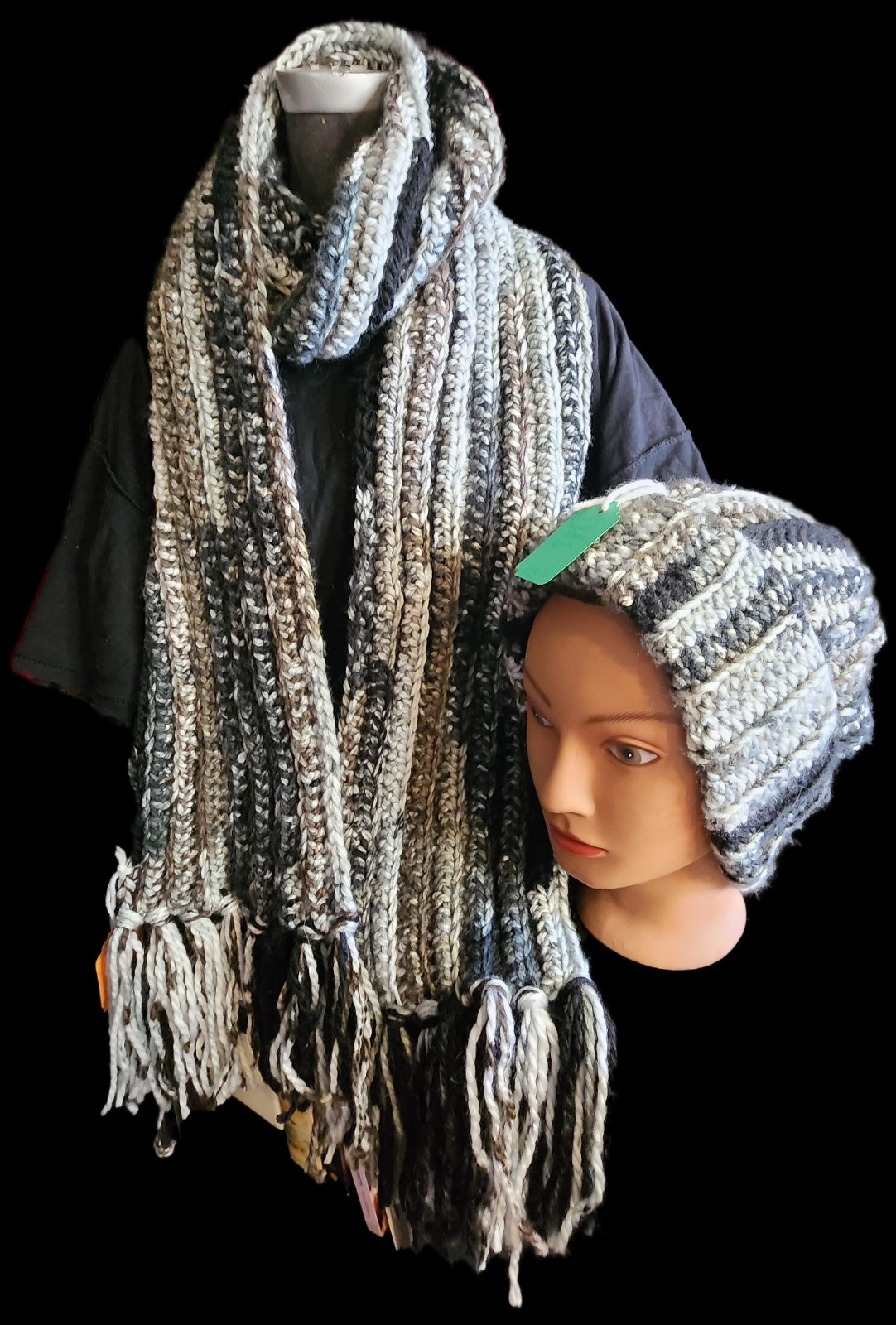 Crocheted Blacks And Grays Super Chunky Long Scarf With Ribbed Beanie Hat Set