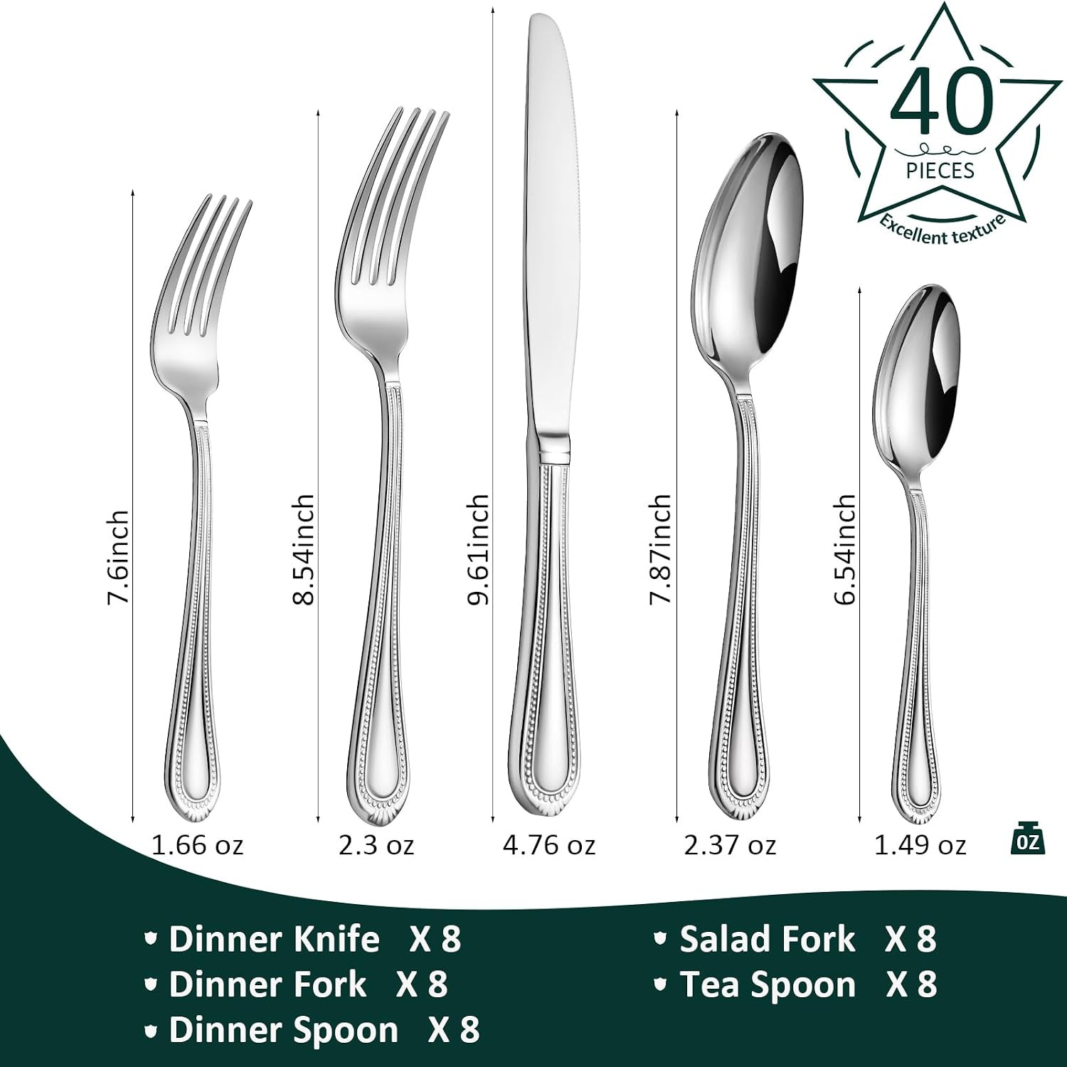 Silverware Set for 8, 40-Piece 18/10 Stainless Steel Flatware Set