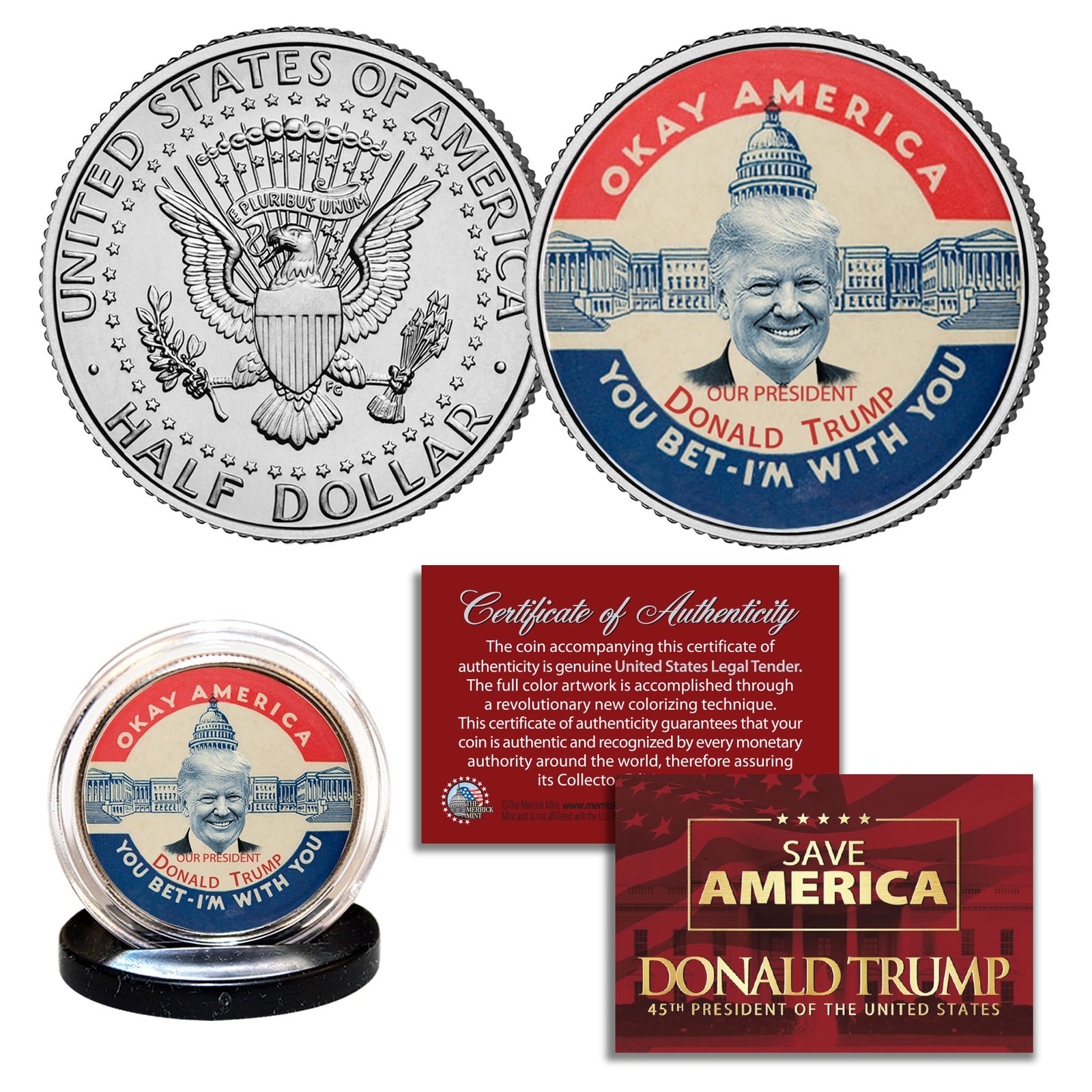 DONALD TRUMP OKAY AMERICA-I'M WITH YOU Pin Style JFK Kennedy Half Dollar US Coin