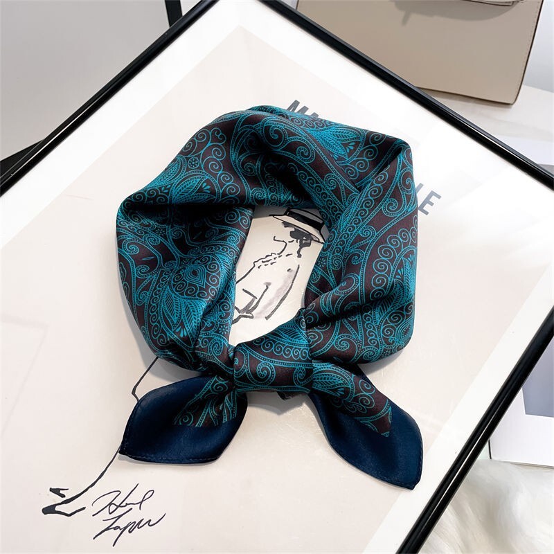 100% Mulberry Silk Kerchiefs Women's Dark Blue Vintage Small Square Neck Scarf
