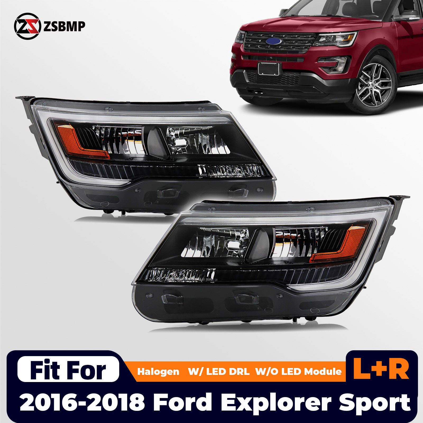 For 2016-2018 Ford Explorer Sport Halogen Headlights w/ LED DRL Black Bezel Pair