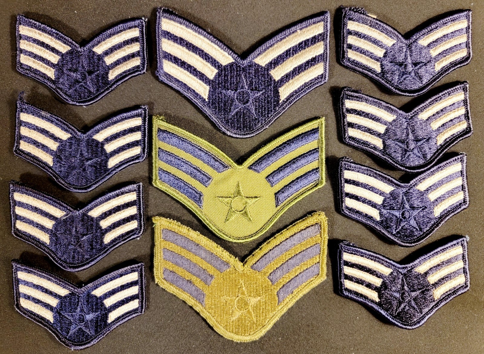 Lot of 11 Senior Airman Chevron Stripes 2 Diff Subdued & Dress Blues Snow Backs