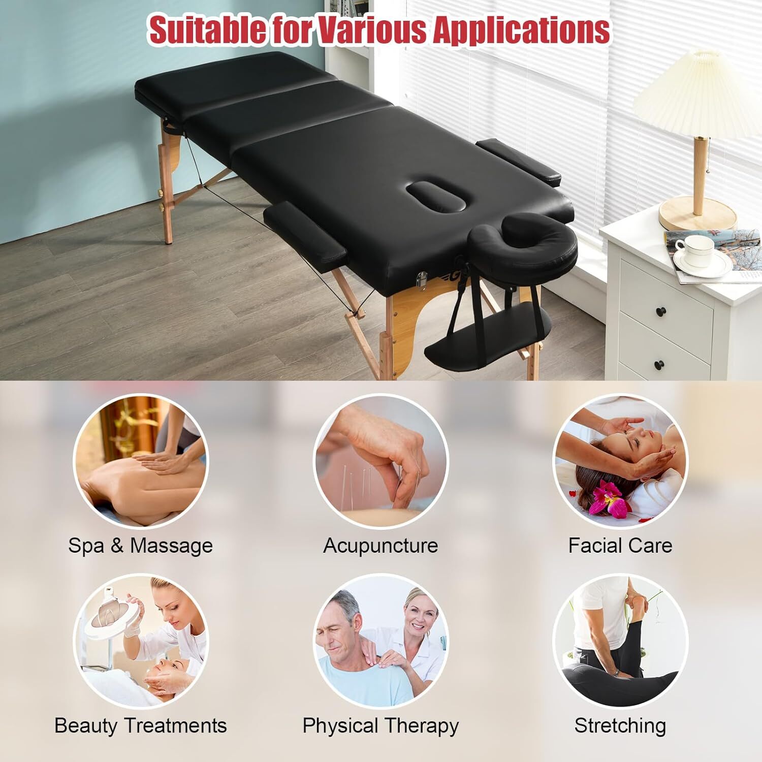 84" Folding Portable Massage Table 3 Sections Spa Salon Bed with Face Cradle