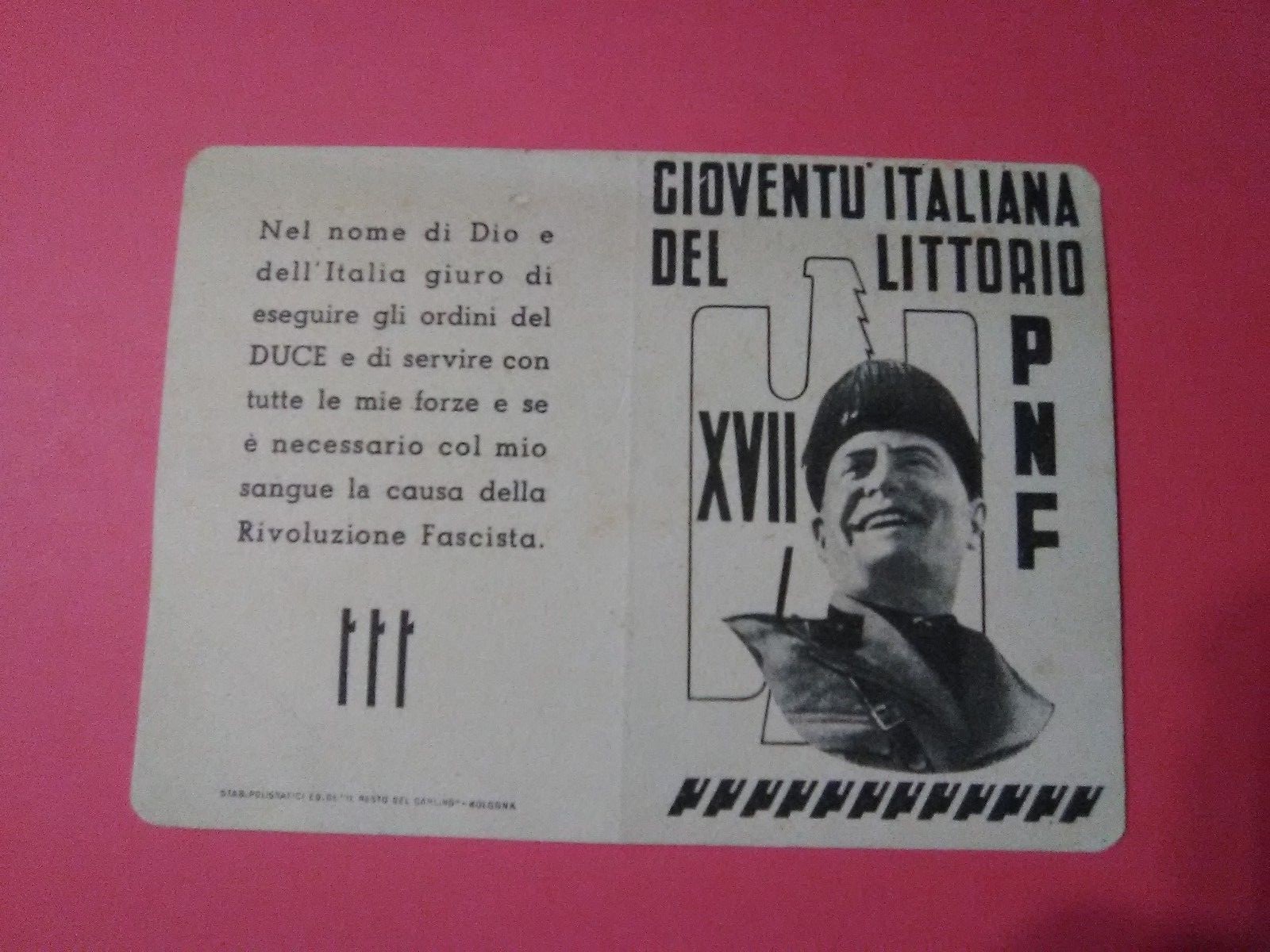 Gioventu Italiana Del Littorio XVII PNF (del DUCE) Rivoluzione Fascista (1927)