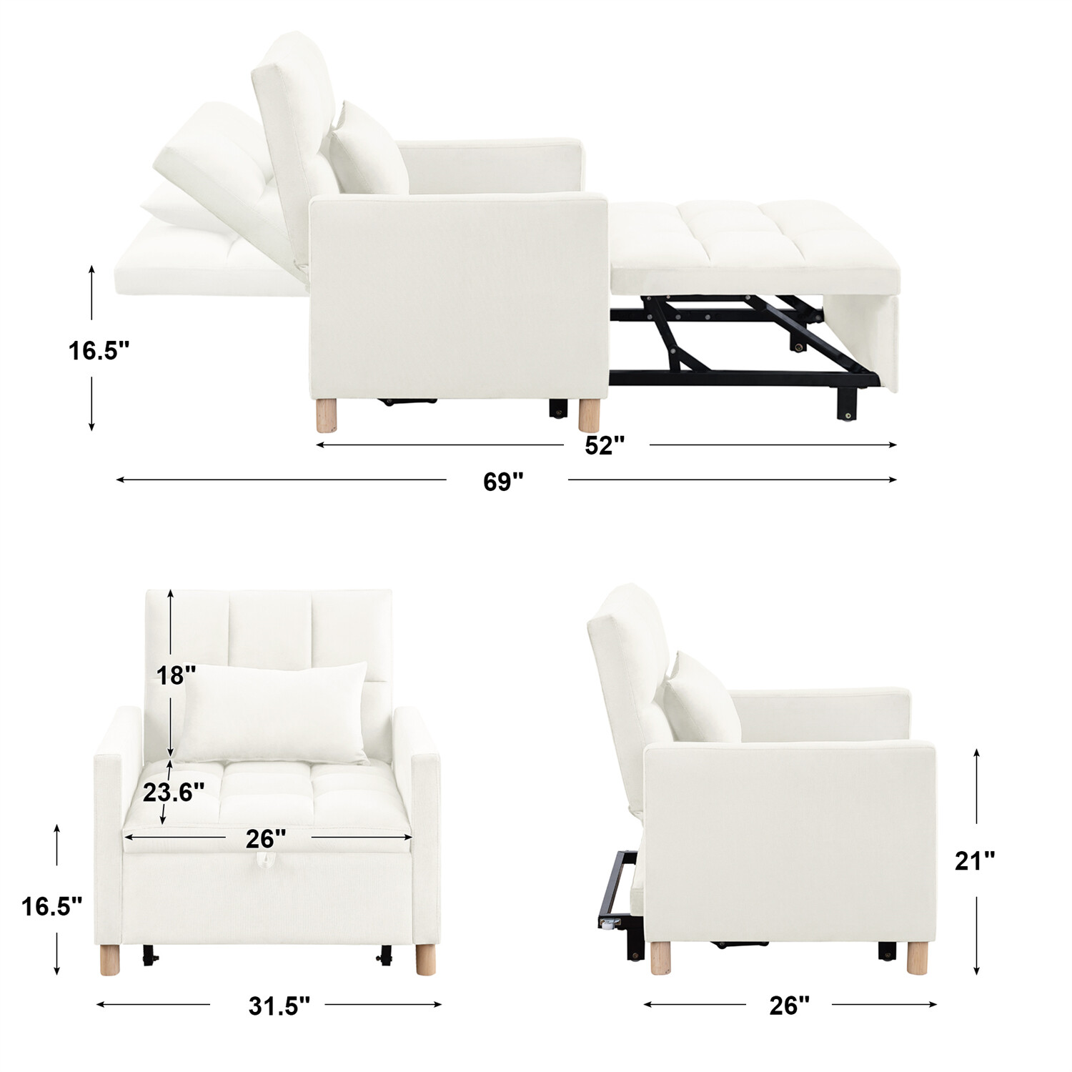 Convertible Sofa Bed Chair 3-in-1 Multi-Functional Folding Sofa Beige New