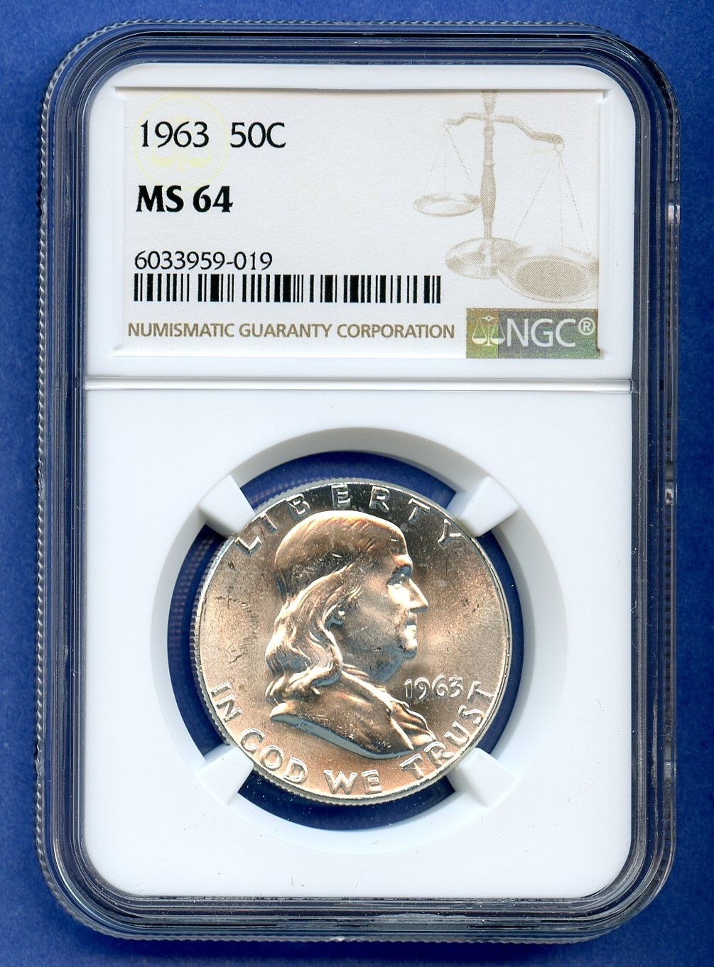 1963 P NGC MS64 Franklin Silver Half Dollar 50c US 1963-P MS-64 Blast White