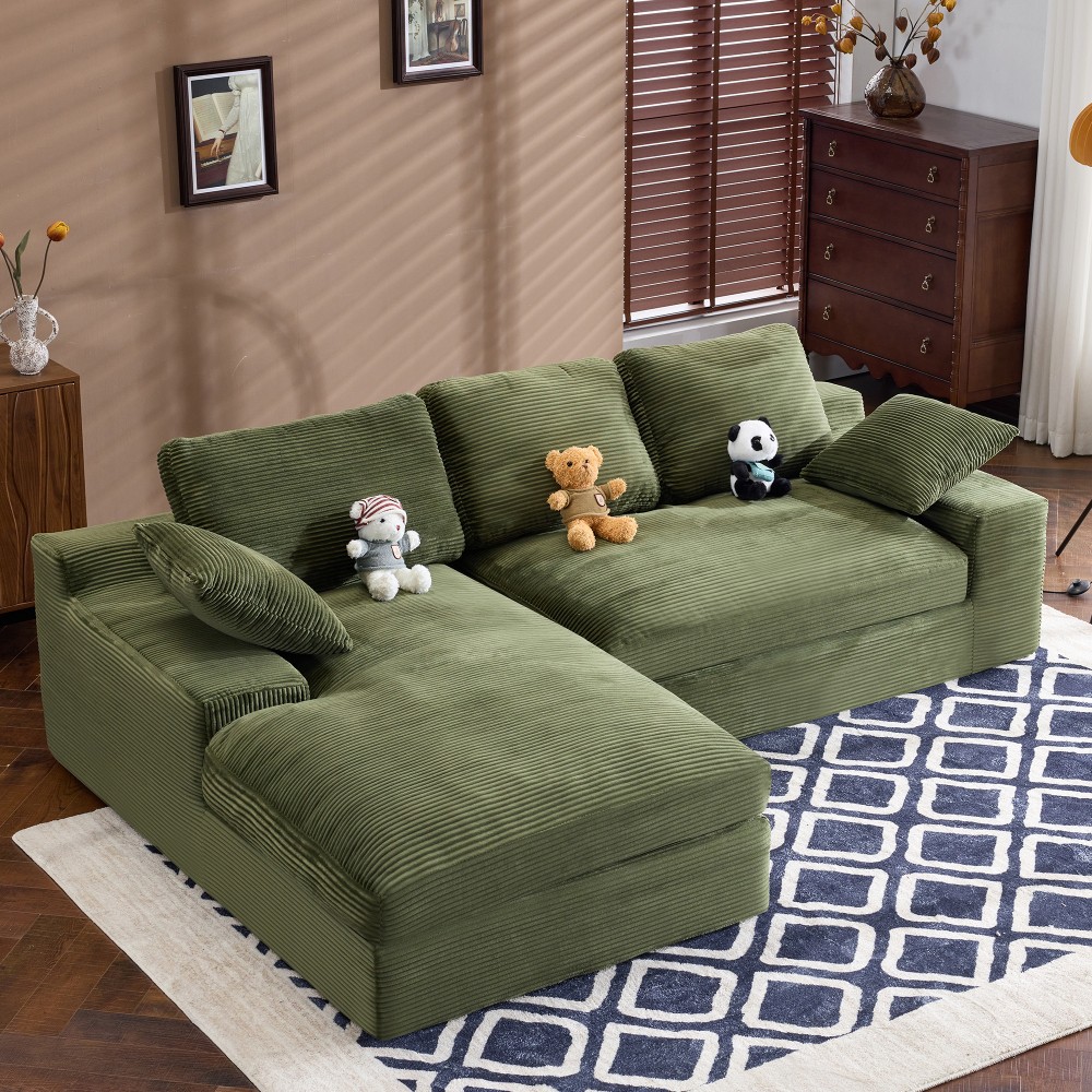 Green Corduroy Sofa w/ Back Cushions & Throw Pillows, Medium-Soft Foam Seat