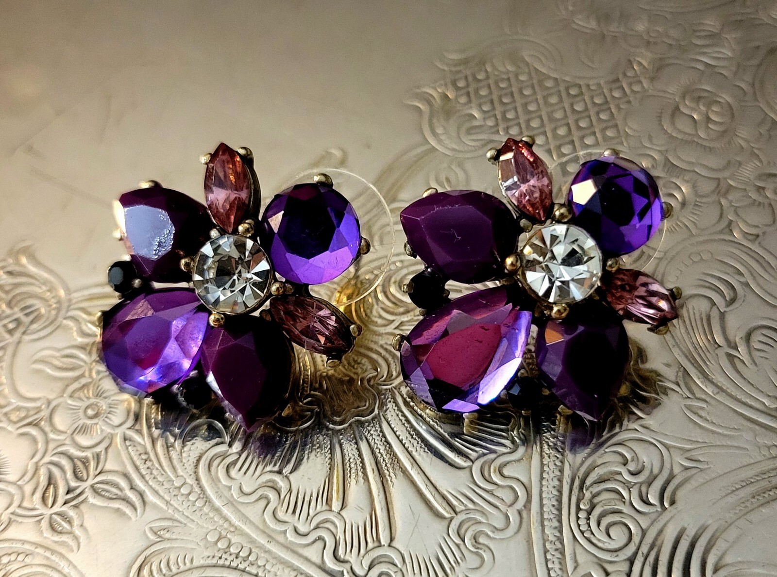 Purple Rhinestone Cluster Pierced Fashion Earrings Unmarked