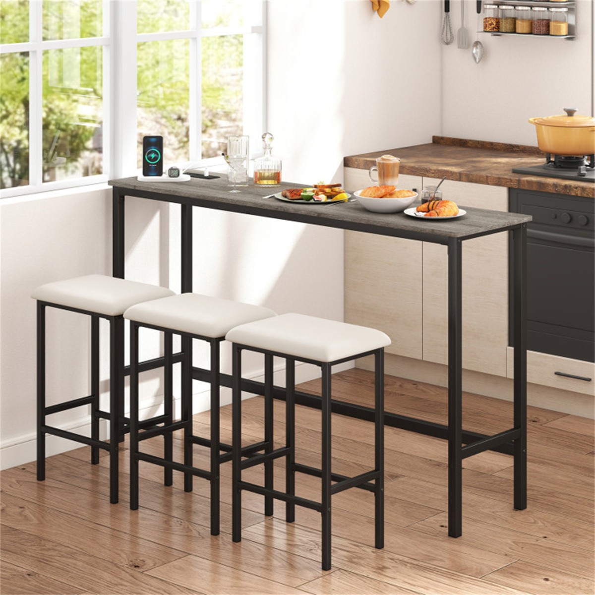 4 Piece Counter Height Bar Table Set with USB Ports Gray Pub Table with 3 Stools