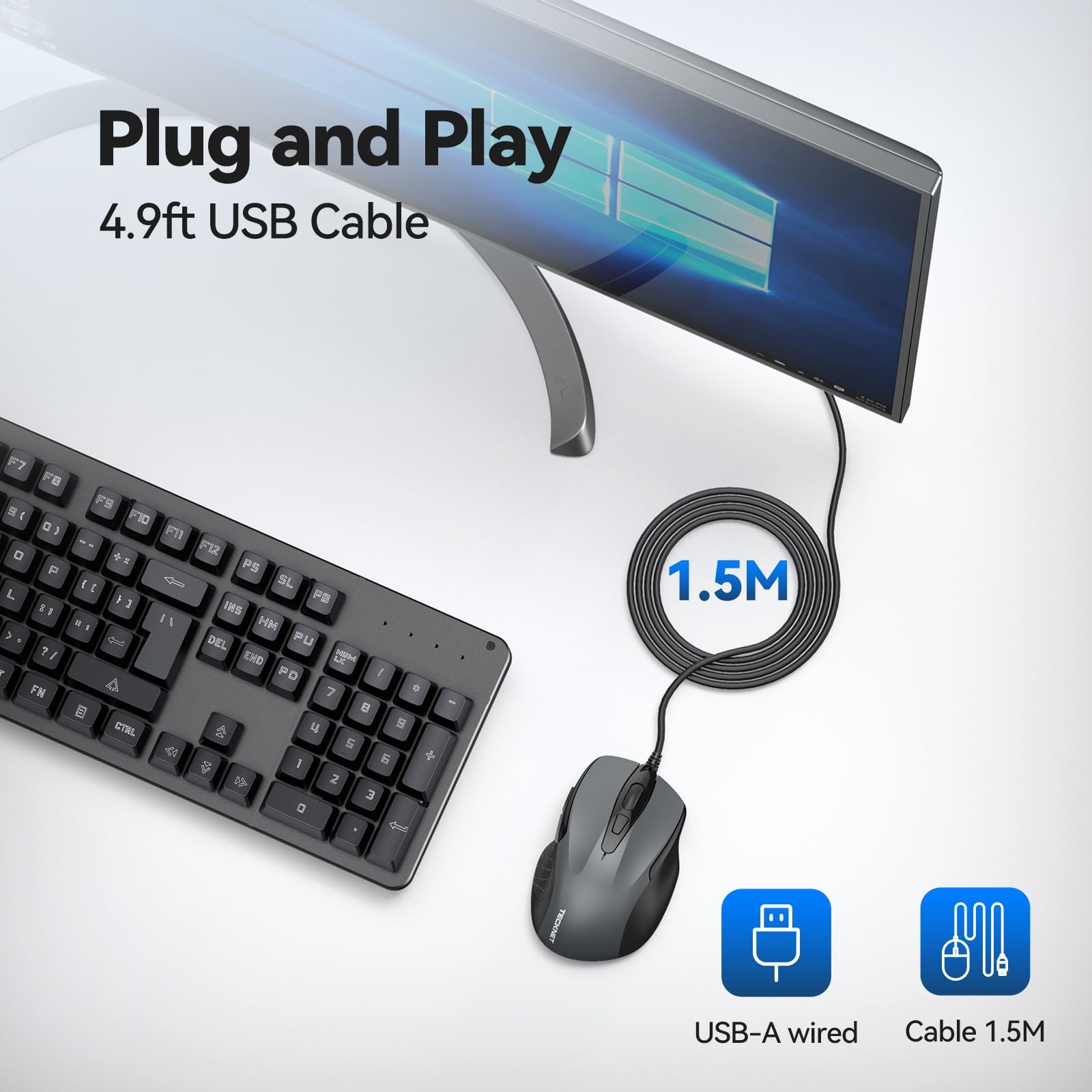 TECKNET USB Wired Mouse, 6-Button Corded Computer Mouse with 4 GRAY