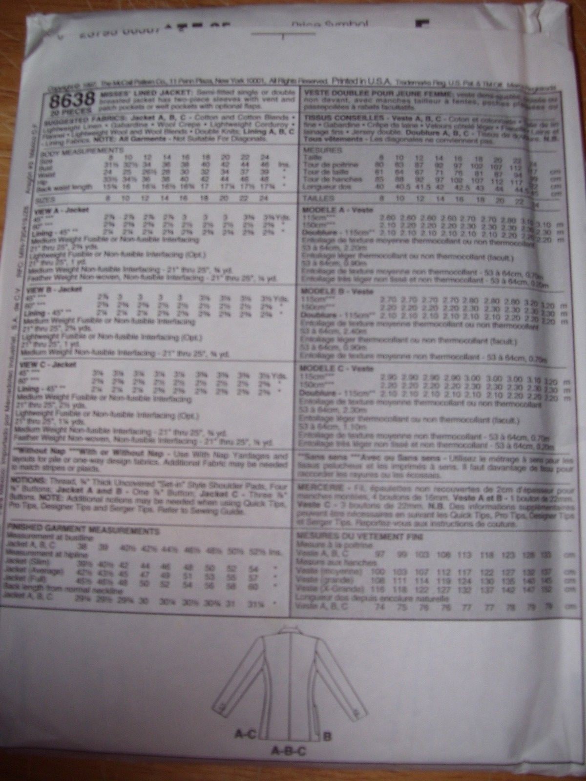 UNCIRCULATED McCALL'S #8638 - DESIGNER PALMER/PLETSCH JACKET PATTERN 8-22 FF