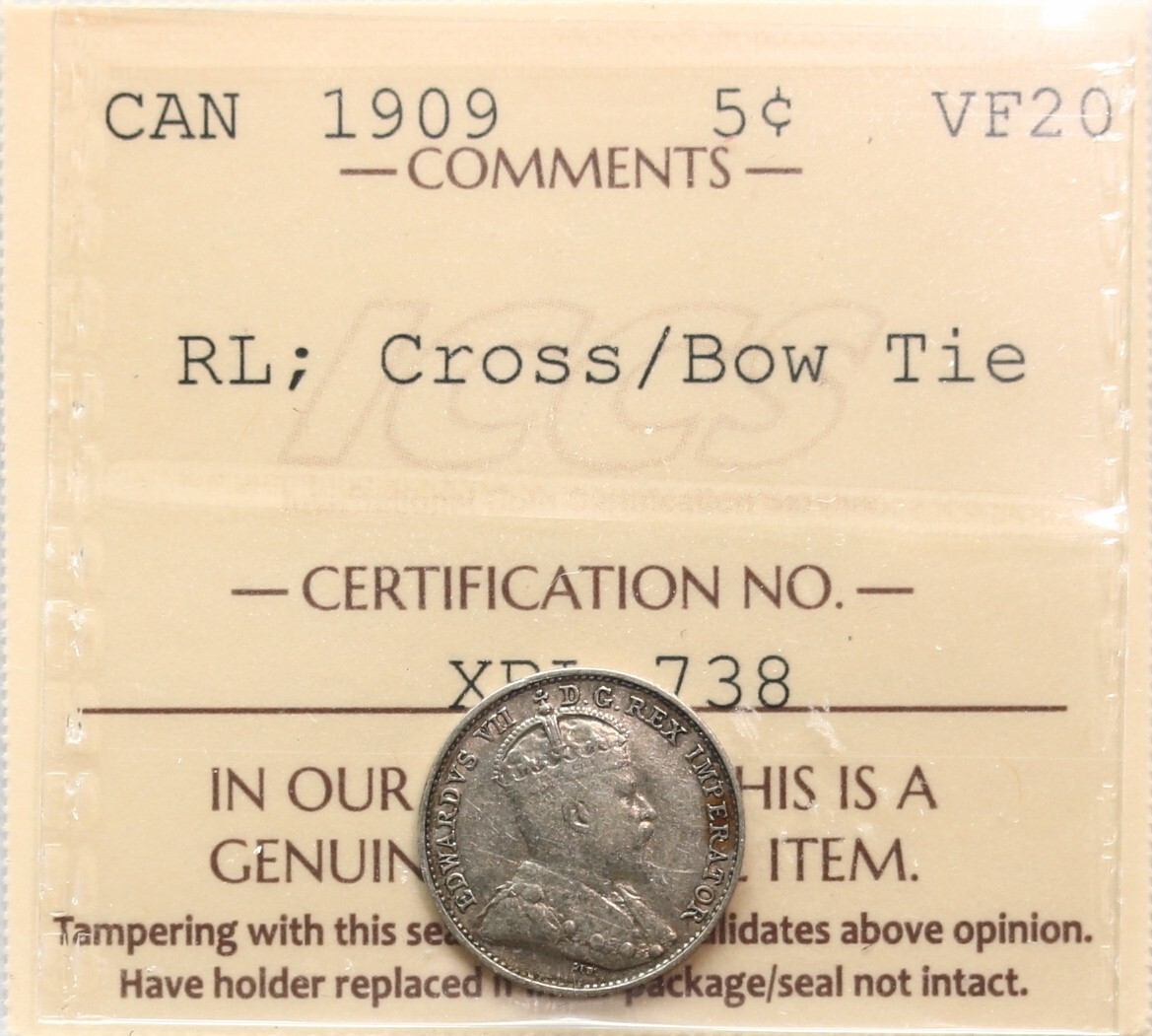 1909 ROUND LEAVES; CROSS OVER BOW TIE; CANADA SILVER 5 CENTS **RARE** ICCS VF20
