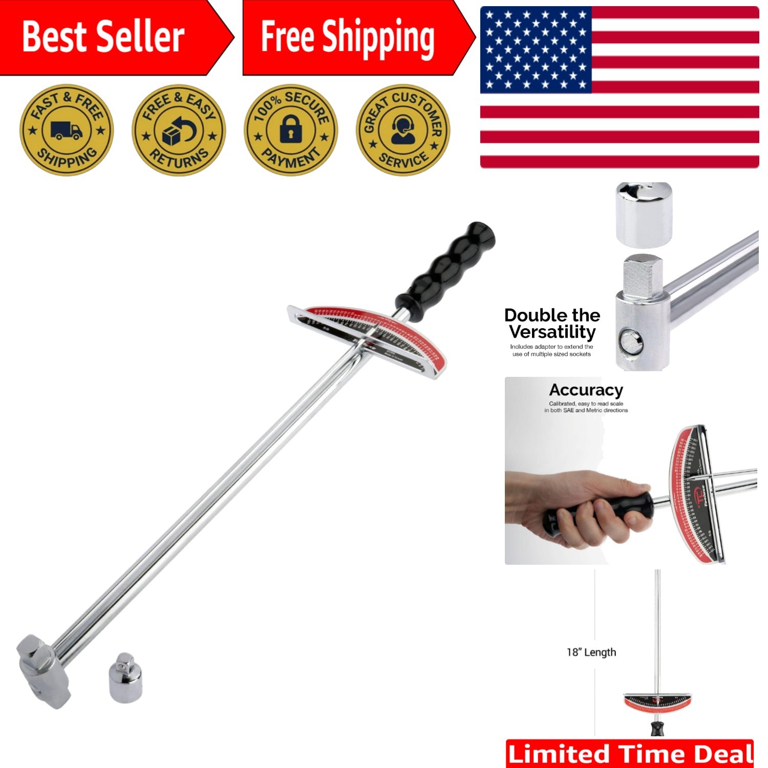 Precision 17" Dual Drive Beam Style Torque Wrench | 150 Ft-Lbs | Alloy Steel