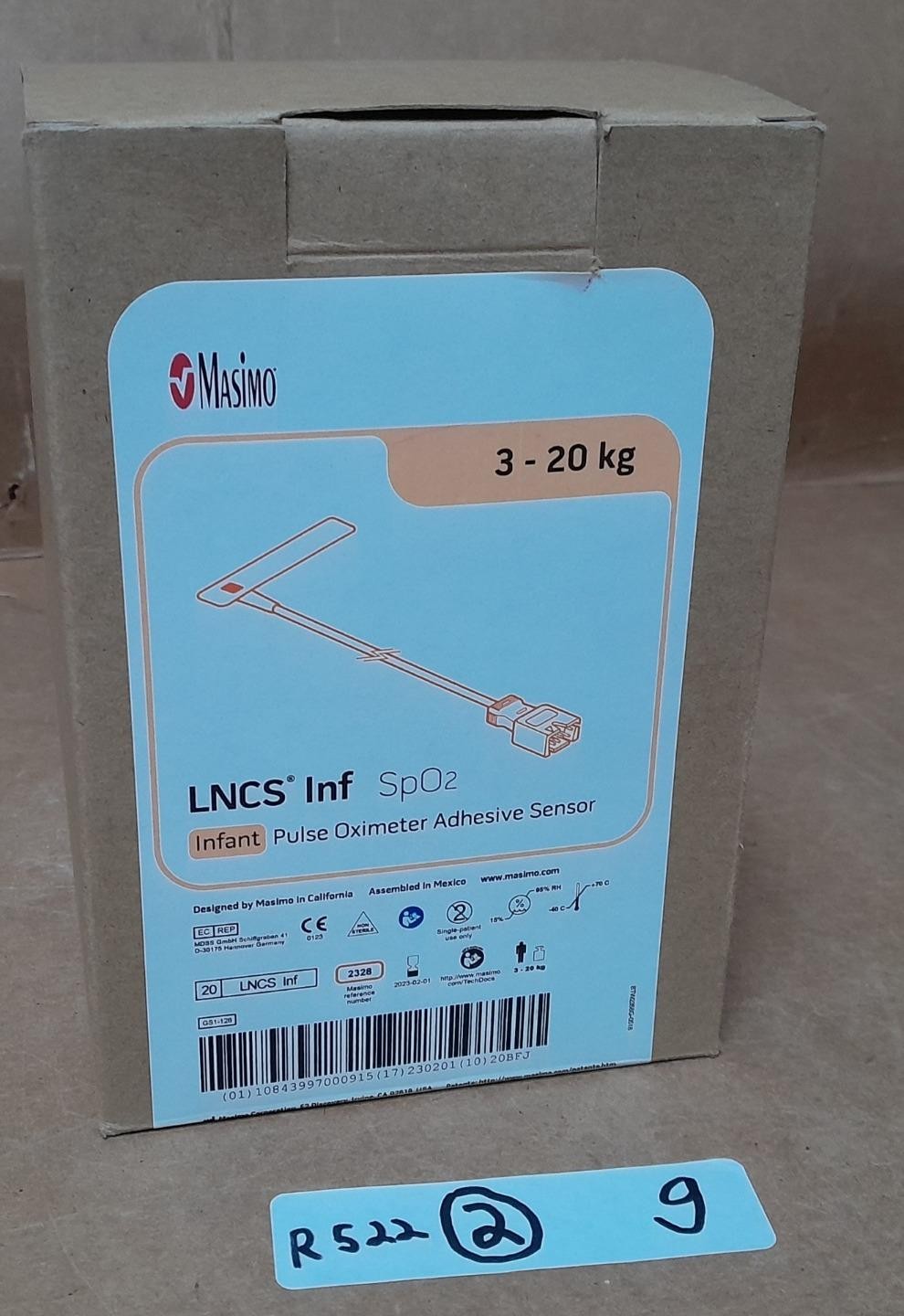 BOX OF 20 MASIMO LNCS INF ADHESIVE 3-20 KG PULSE OXIMETER SENSORS ! R522 G