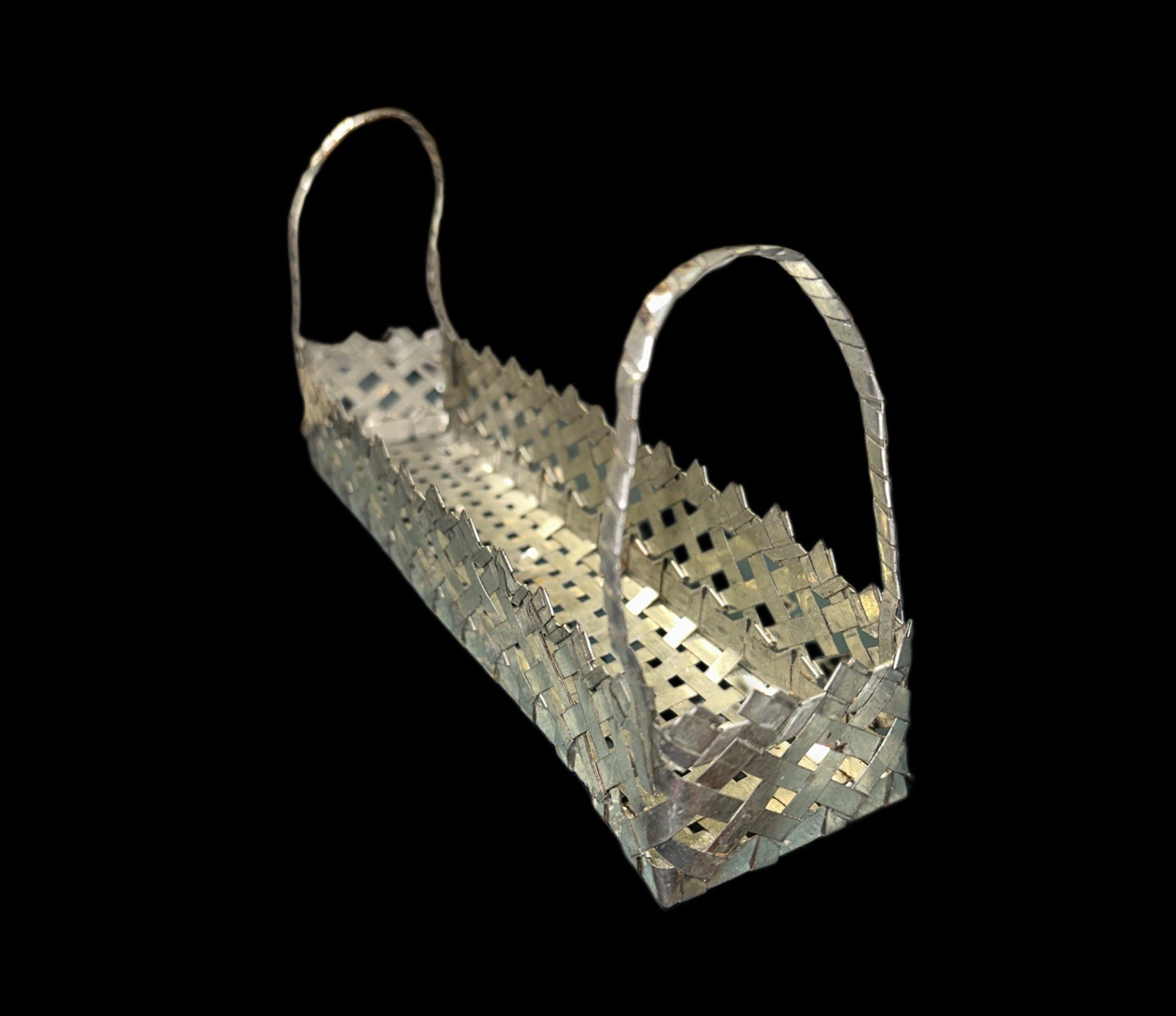 Antique Woven Tin Basket 2 1/4” Wide 10” Long