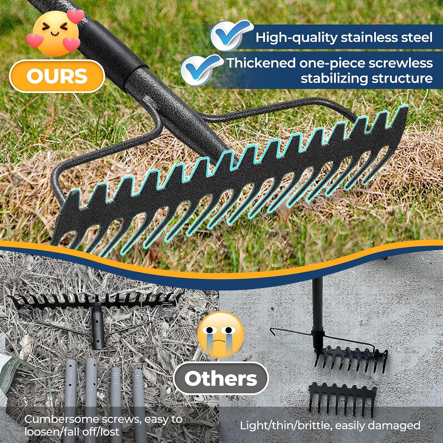 Garden Rake, 17" Extra Wide Double-Sided Head, 63" Heavy Duty Lightweight Stainl