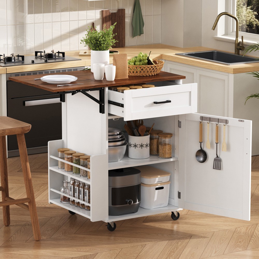 39.3" Farmhouse Kitchen Island with Drop Leaf, Kitchen Storage Island