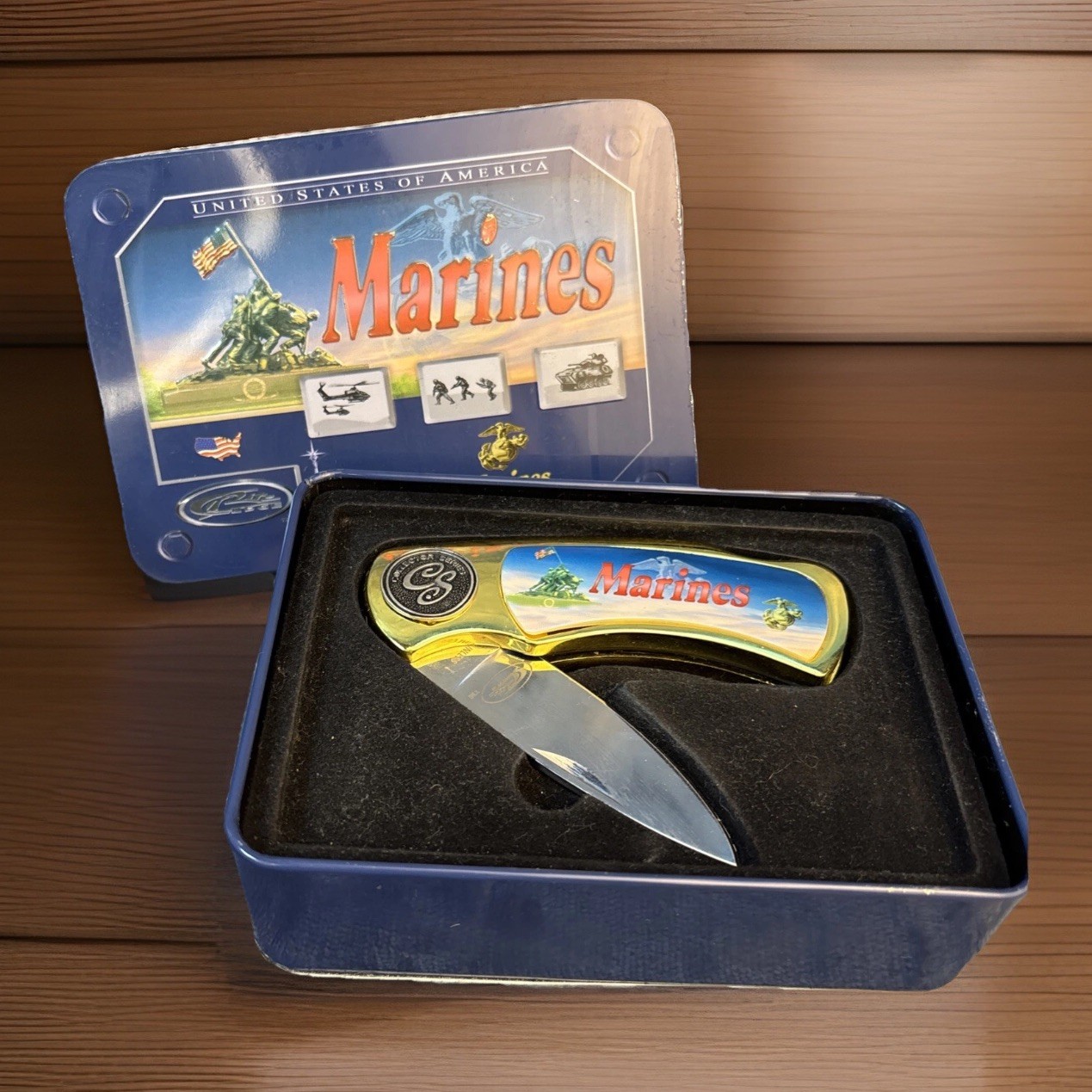 Vintage Marines Collector 2003 Pocket Folding Knife Tin Gold Tone Tank Military