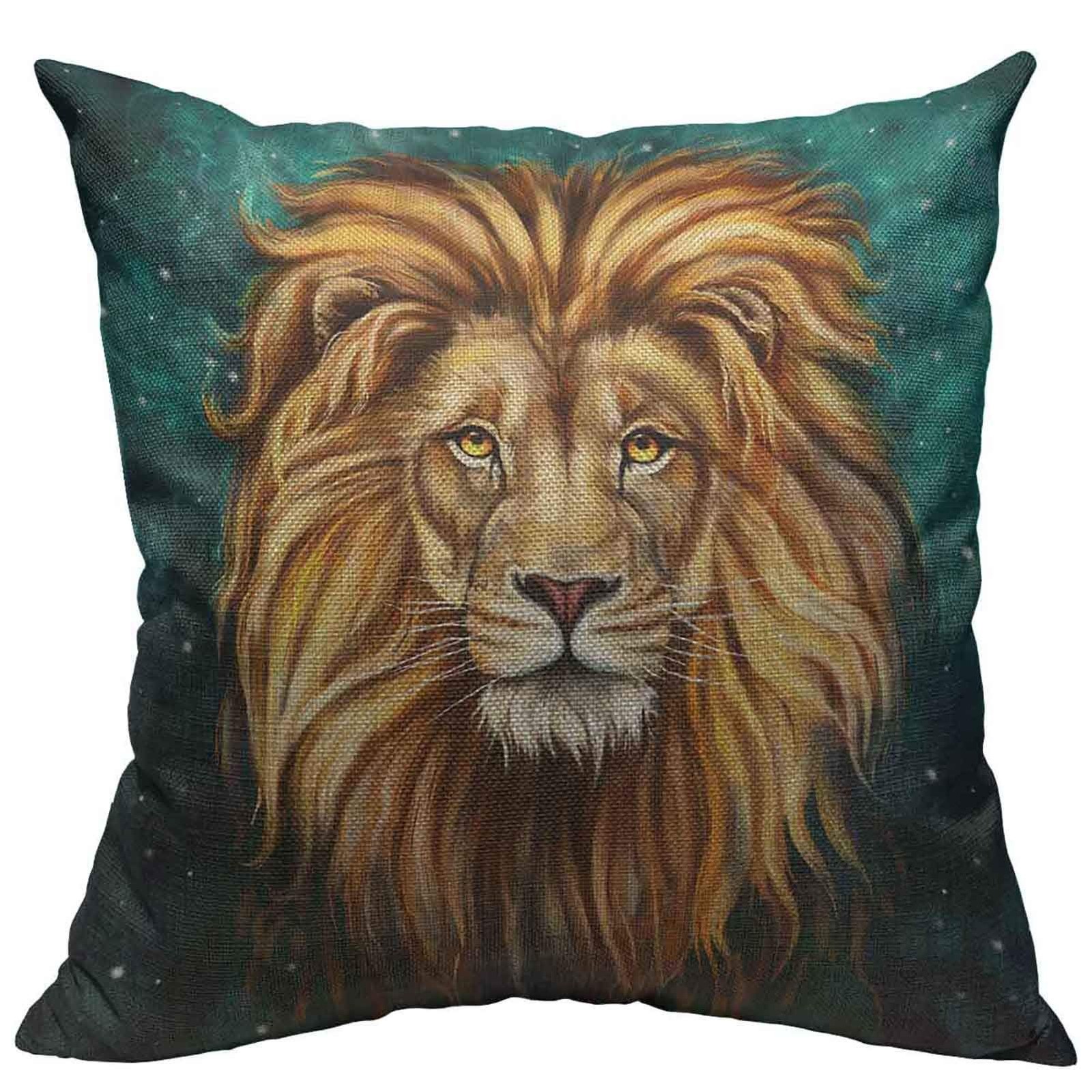 Throw Pillow Cover Art Wild Lion Cotton Linen Square Pillowcases Animal Furry...