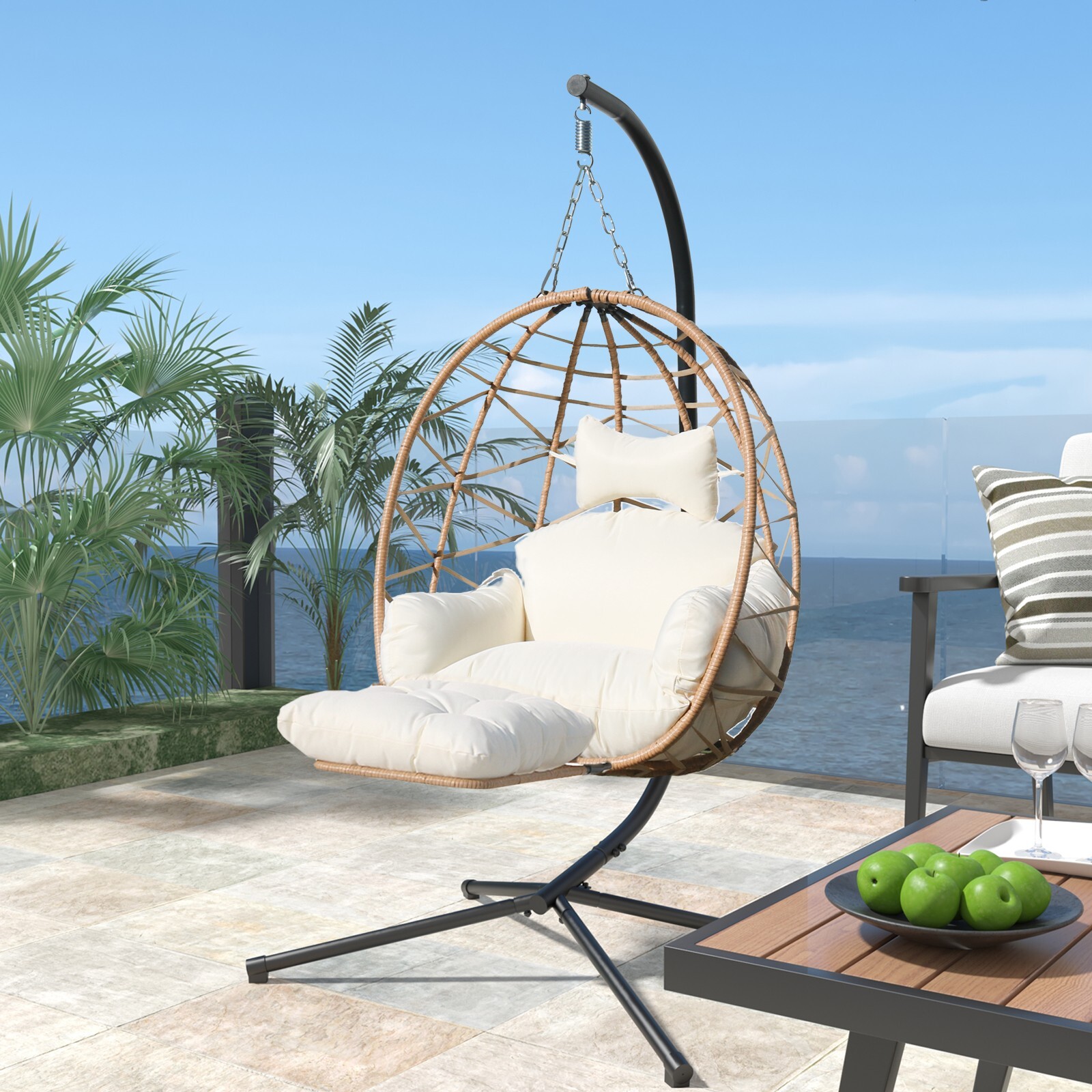 Hanging Egg Chair with Stand & Leg RestOutdoor with Swinging Chair Indoor Woven