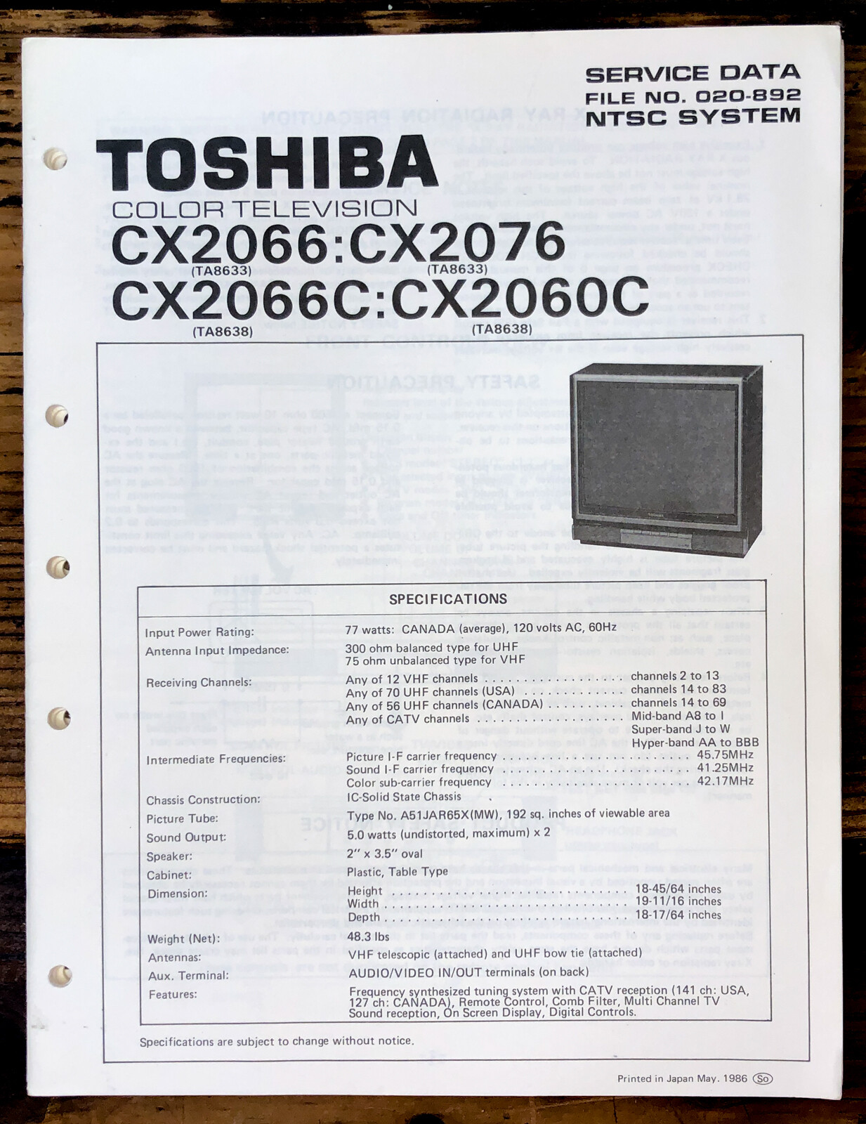 Toshiba CX2066 CX2076 CX2066C CX2060C TV  Service Manual *Original*