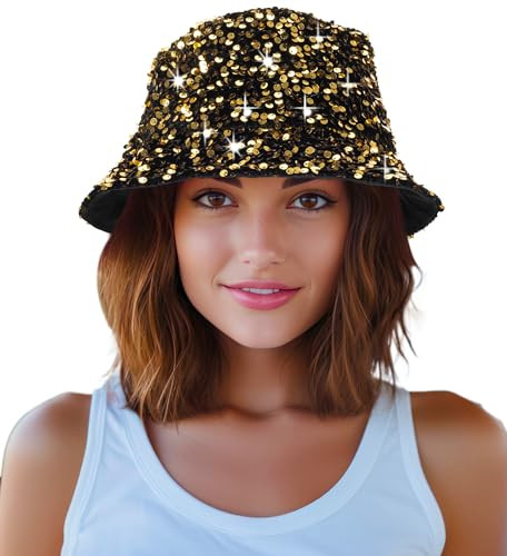 Womens Sequin Bucket Hat Beach Sun Hats for Party, Girls Teens Medium Gold