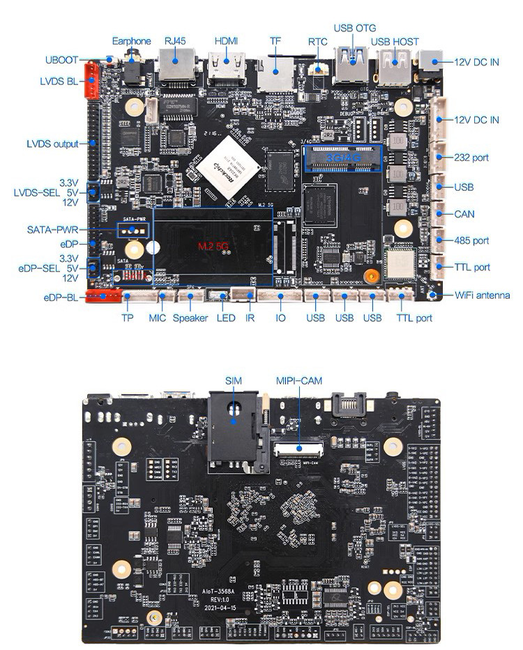 AloT-3568A Industrial Board | 4K Video | 6 USB | RS232/485 | M.2 5G | HDMI