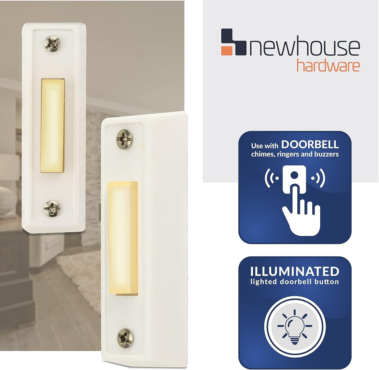 Durable Rectangular Lighted Doorbell Button - Easy Wall Mount Solution in White