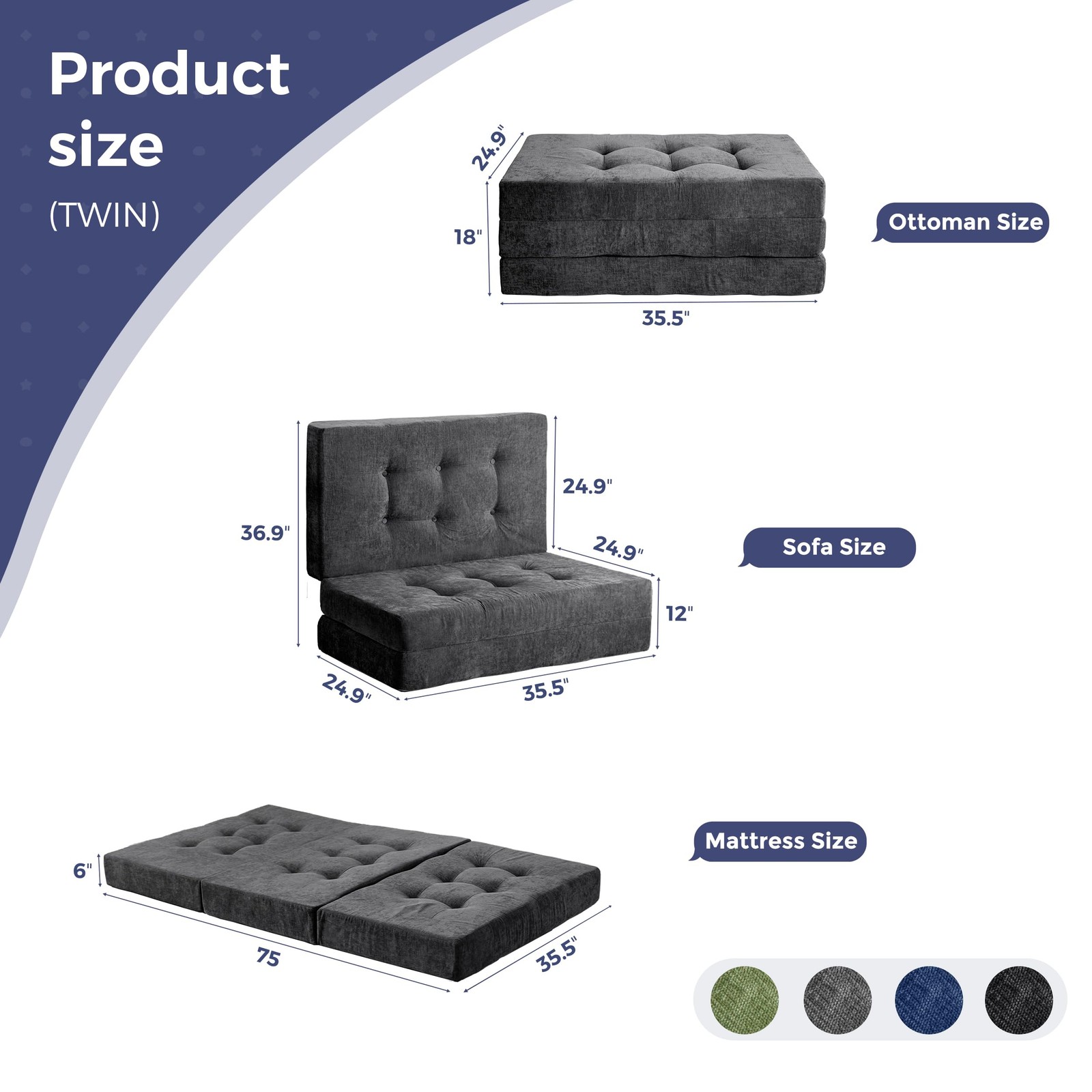 6" Folding Sofa Bed for Floor, Tufted Tri-Fold Floor Mattress with Chenille F...
