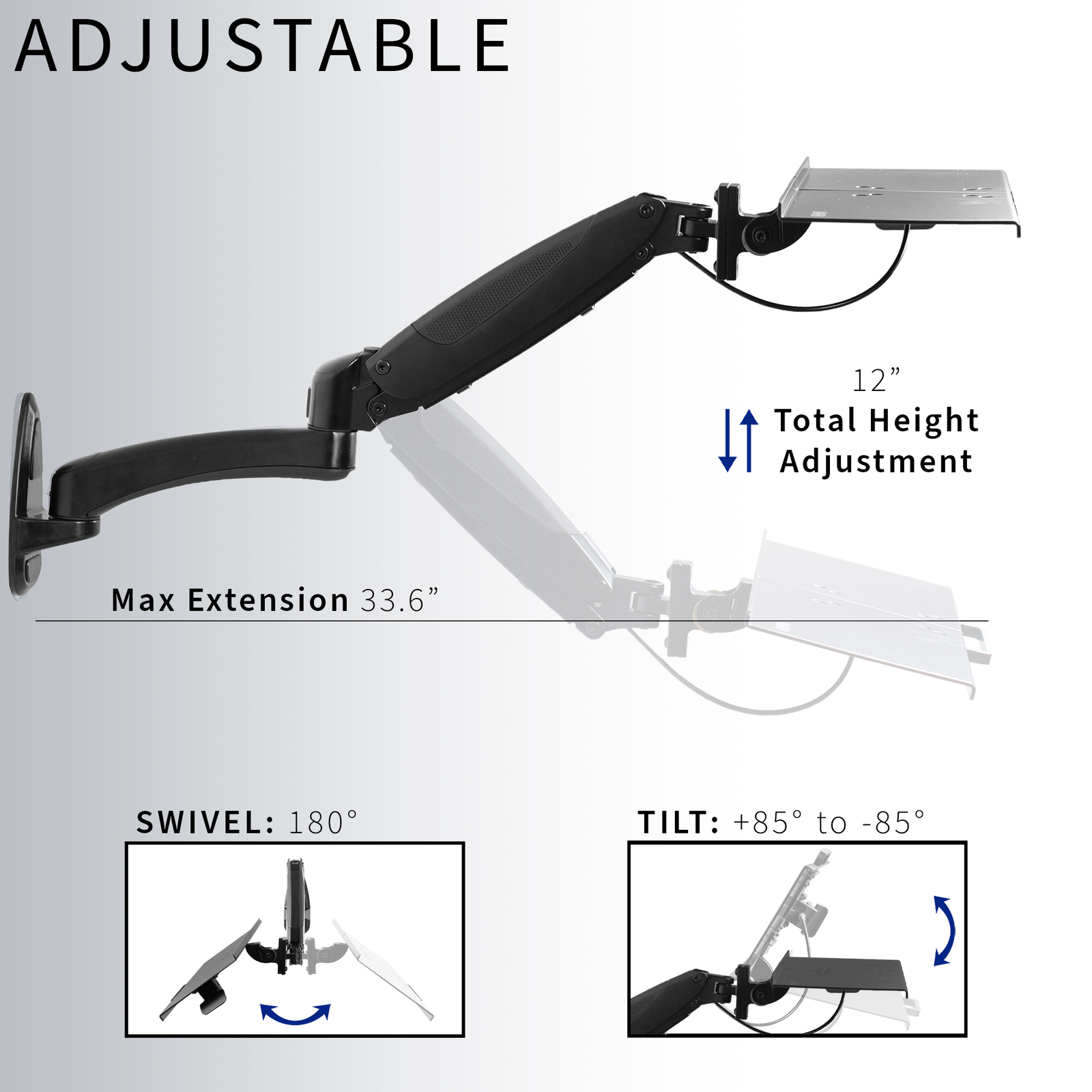 VIVO Pneumatic Keyboard & Mouse Platform Wall Mount, Keyboard Tray Arm