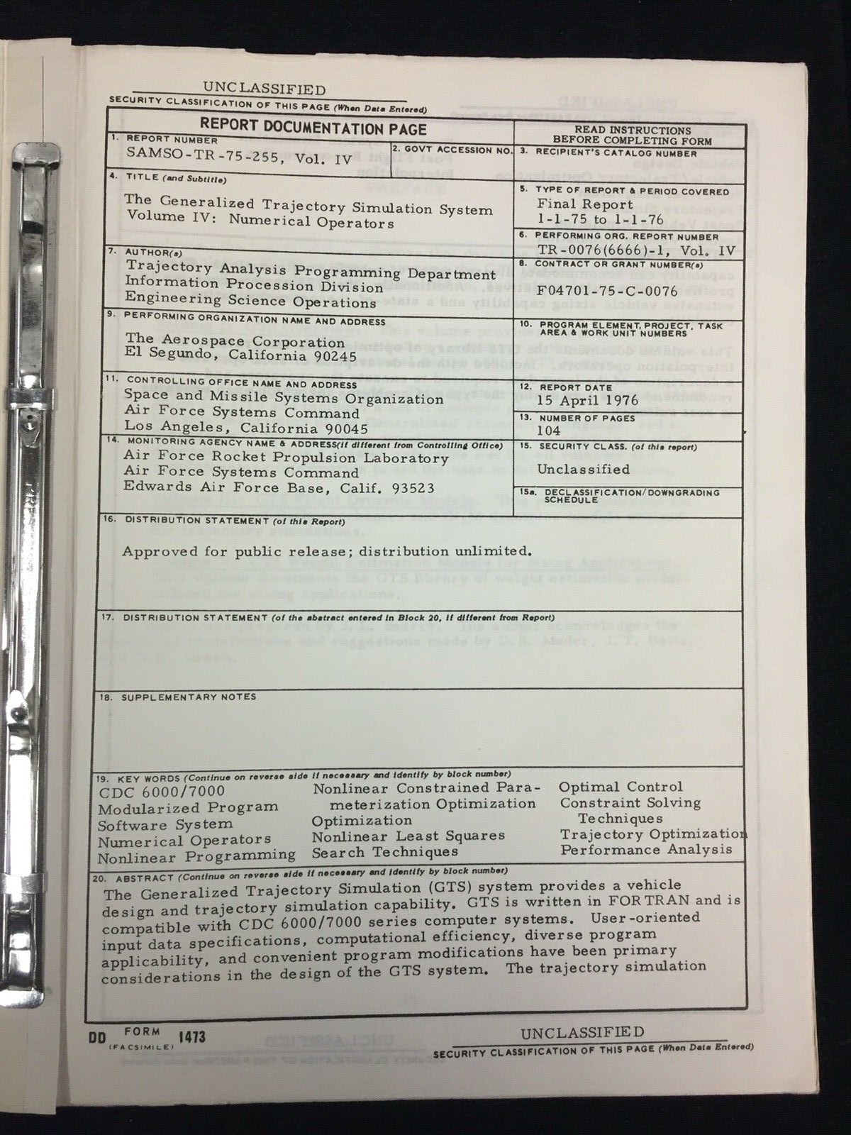 1976 GENERALIZED TRAJECTORY SIMULATION VOLUME IV: NUMERICAL OPERATORS, FOR USAF
