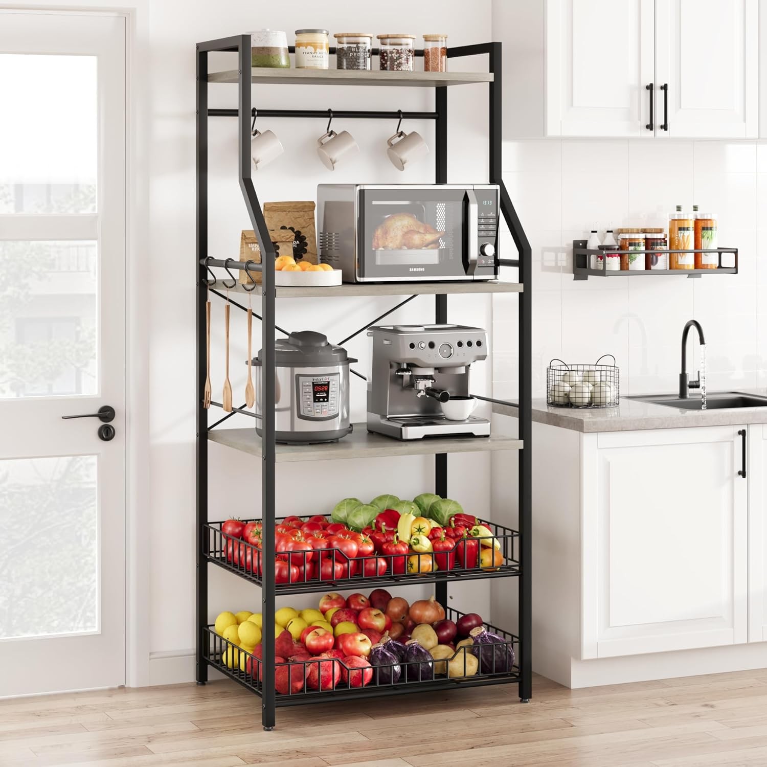 Rustic Microwave Stand 5-Tier Kitchen Storage Rack with Adjustable Feet Gray