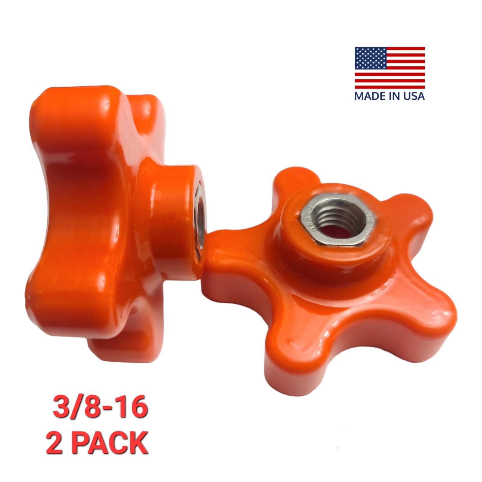 3/8-16, 2-5/16",  5 Star Knob Orange (2 pack)  Thermoplastic, Stainless Insert