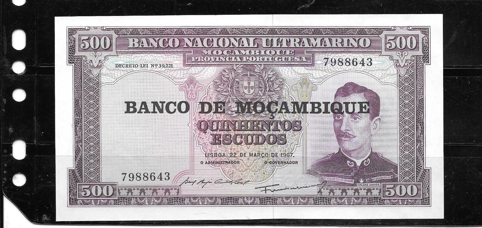 MOZAMBIQUE #118a 1976 UNCIRCULATED-UNC 500 ESCUDO OVERPRINT BANKNOTE PAPER MONEY