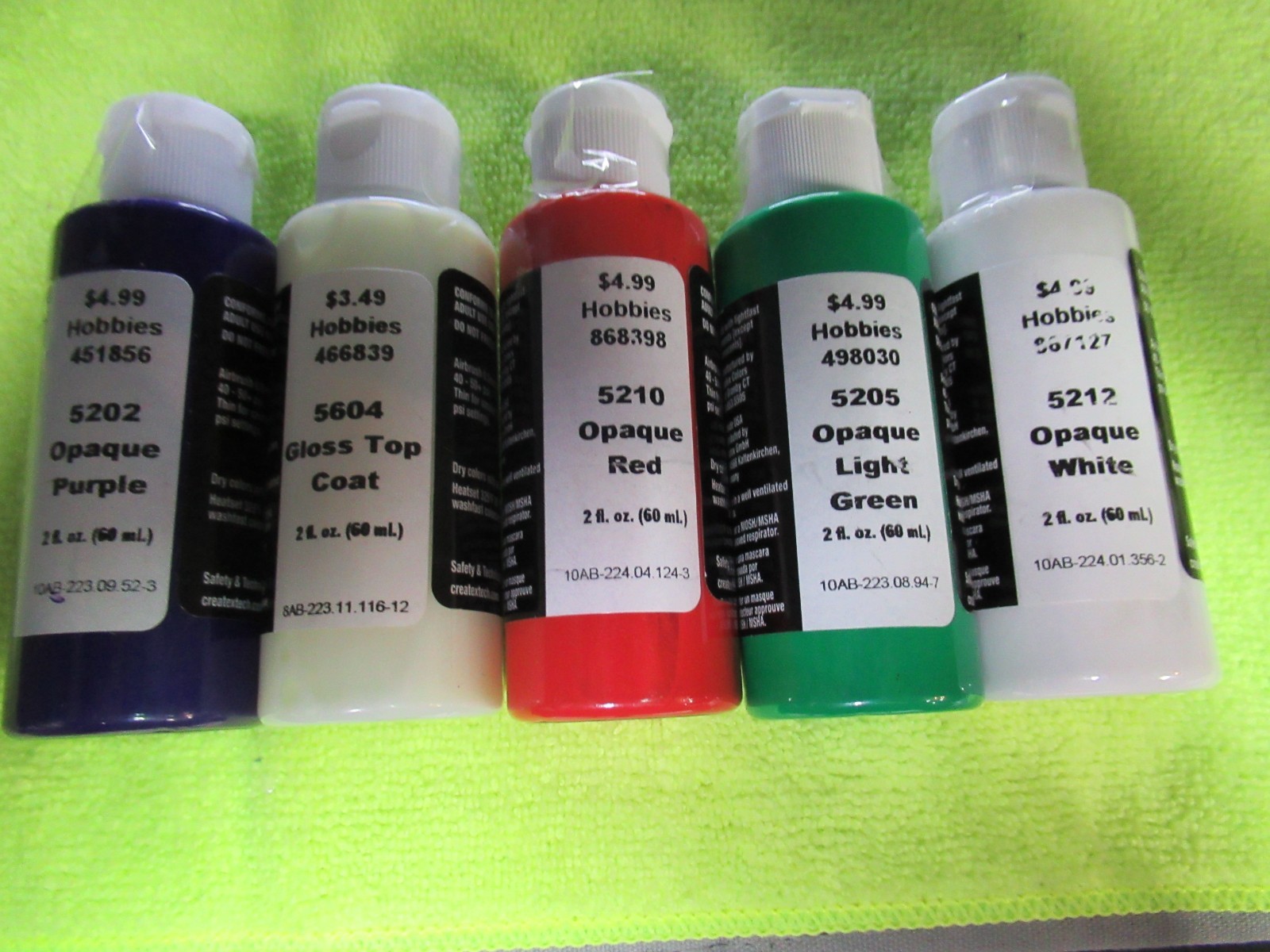 CREATEX AIRBRUSH PAINT 4 COLORS & GLOSS TOP COAT 2OZ BOTTLES
