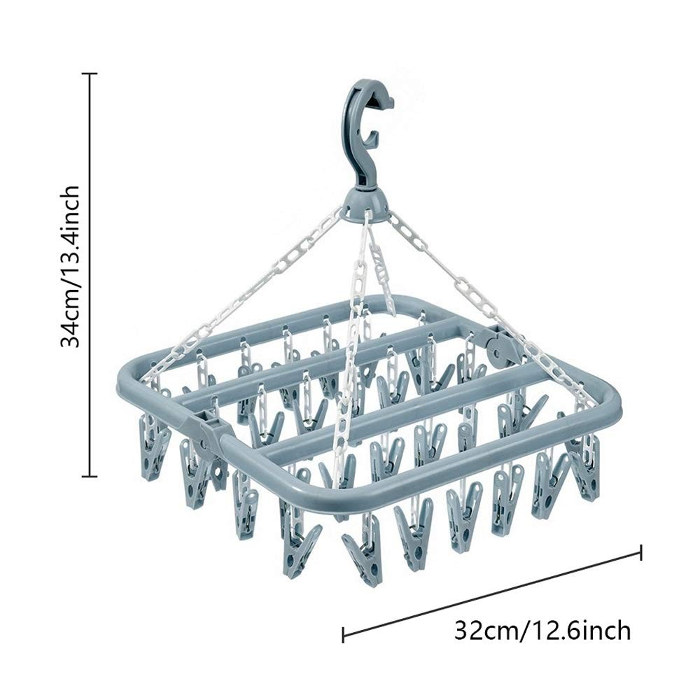 Clothes Drying Hanger with 32 Clips and Drip Foldable Hanging Rack (Light Blue)
