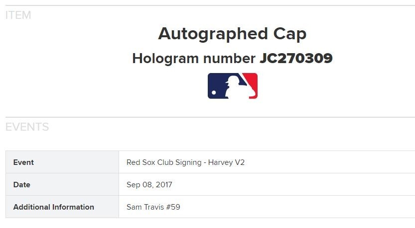 Boston Red Sox Autographed Cap Hat - Sam Travis 2017 #59 - MLB Authenticated