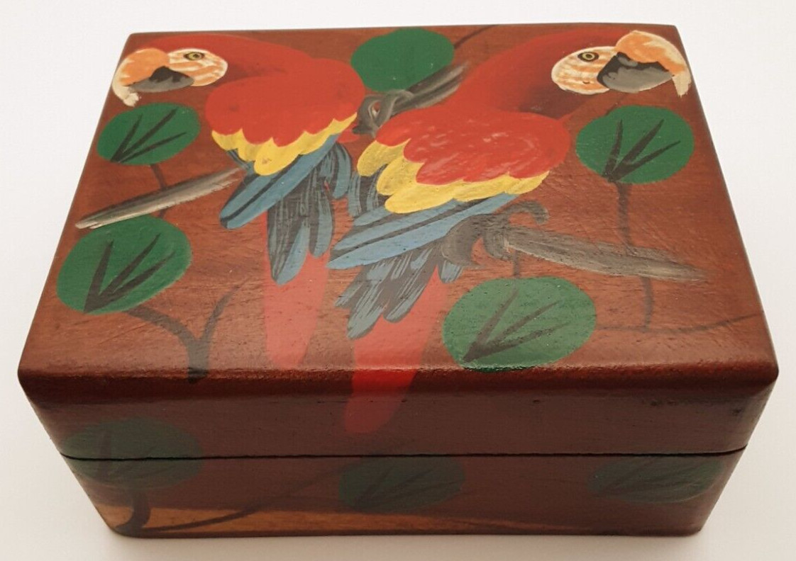 Hand painted Parrots Tropical Wooden Trinket Box 4 7/8: x 3 3/4" x 2 1/4"