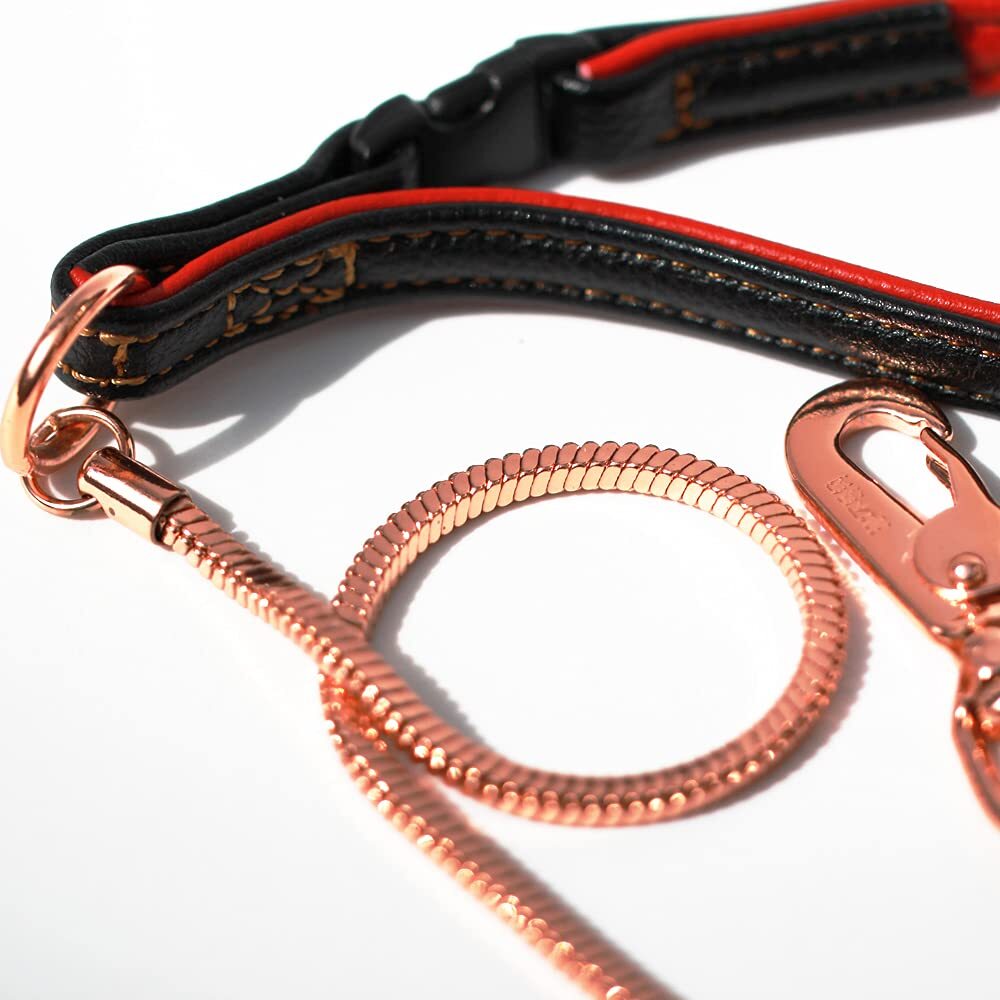 Chew Proof Dog Leash Snake Chain Red Bronze Metal with Leather Handle for Dog...