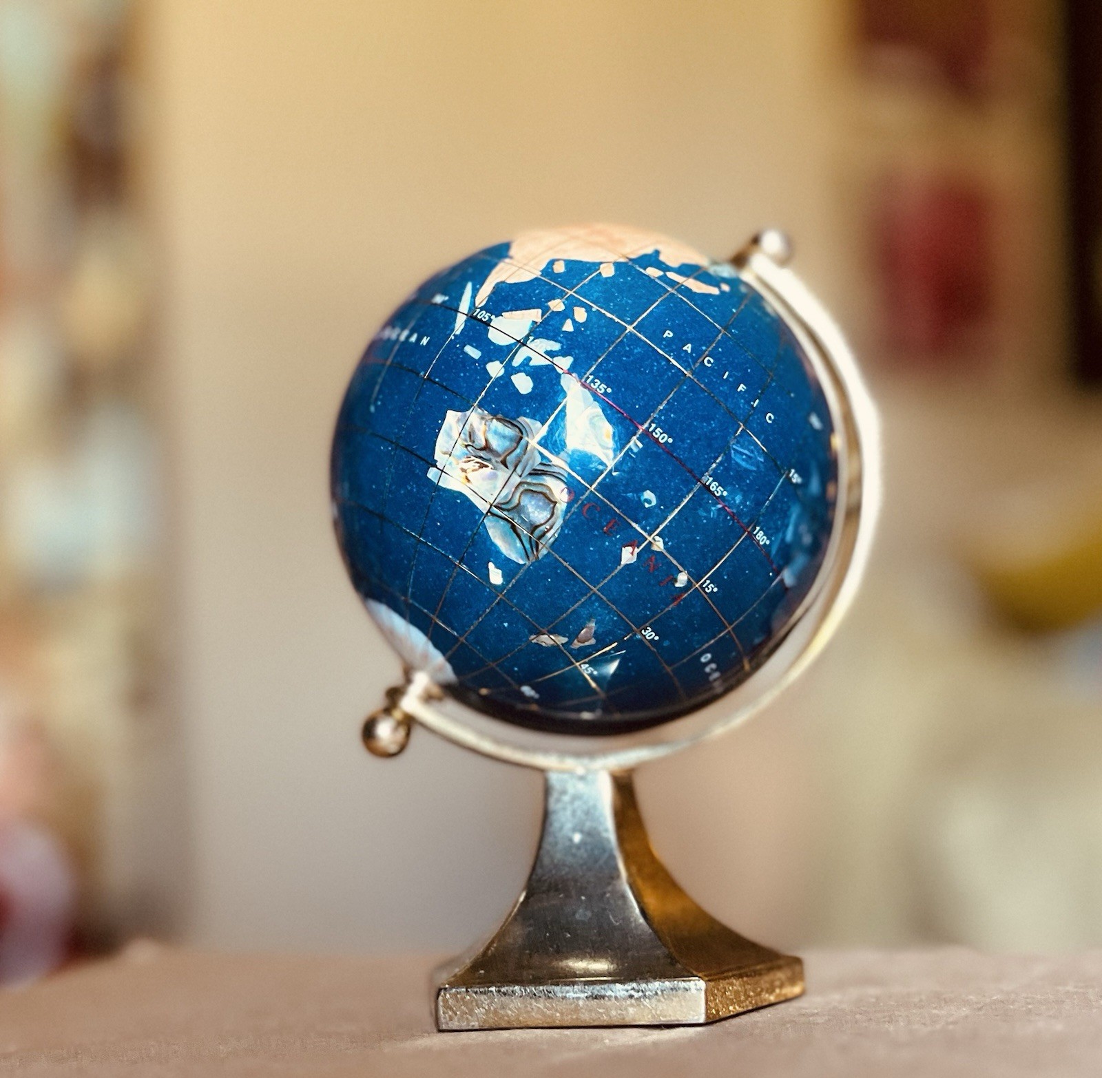 VTG World Gemstone Globe 5.5” Tabletop Semi-Precious Stones Inlaid Lapis Ocean