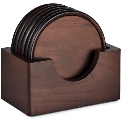 Wood Coasters with Holder,  Set of 6 Walnut Wooden 6 Pieces With Wooden Holder