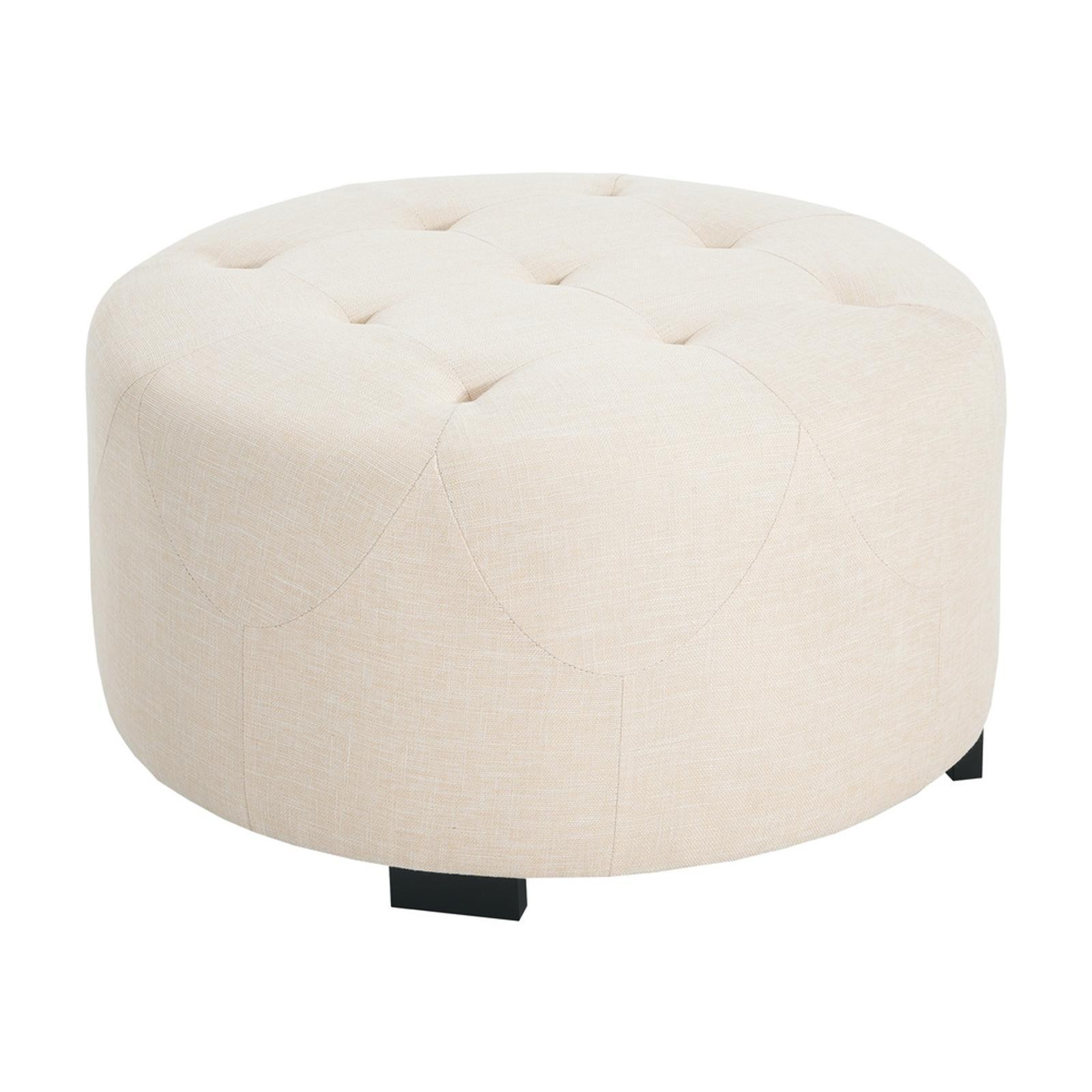 Round Ottoman with Linen Upholstery High Density Sponge Cushioned Seat Modern