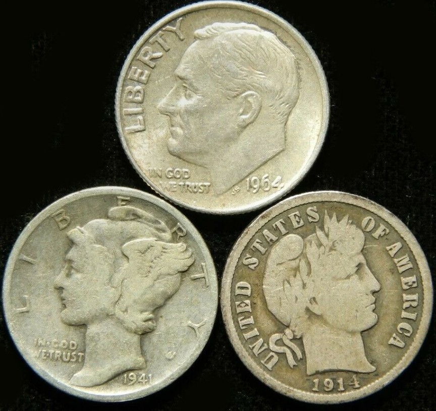 ✅  Old US Coin Lot - Barber Dime, Roosevelt Dime, Mercury Dime - 3 Coin Set