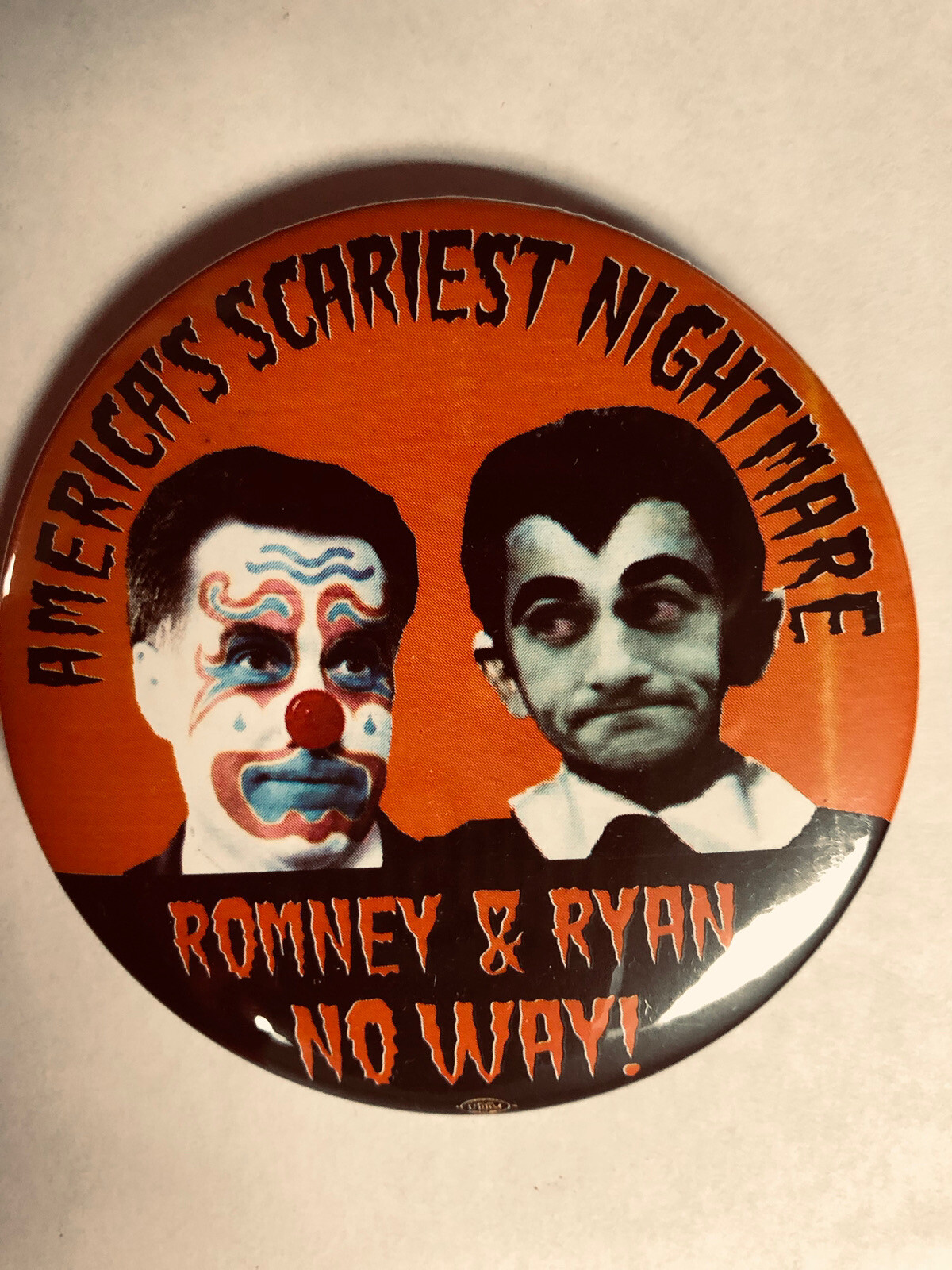 America’s Scariest Nightmare Romney Ryan  3” pinback button pin